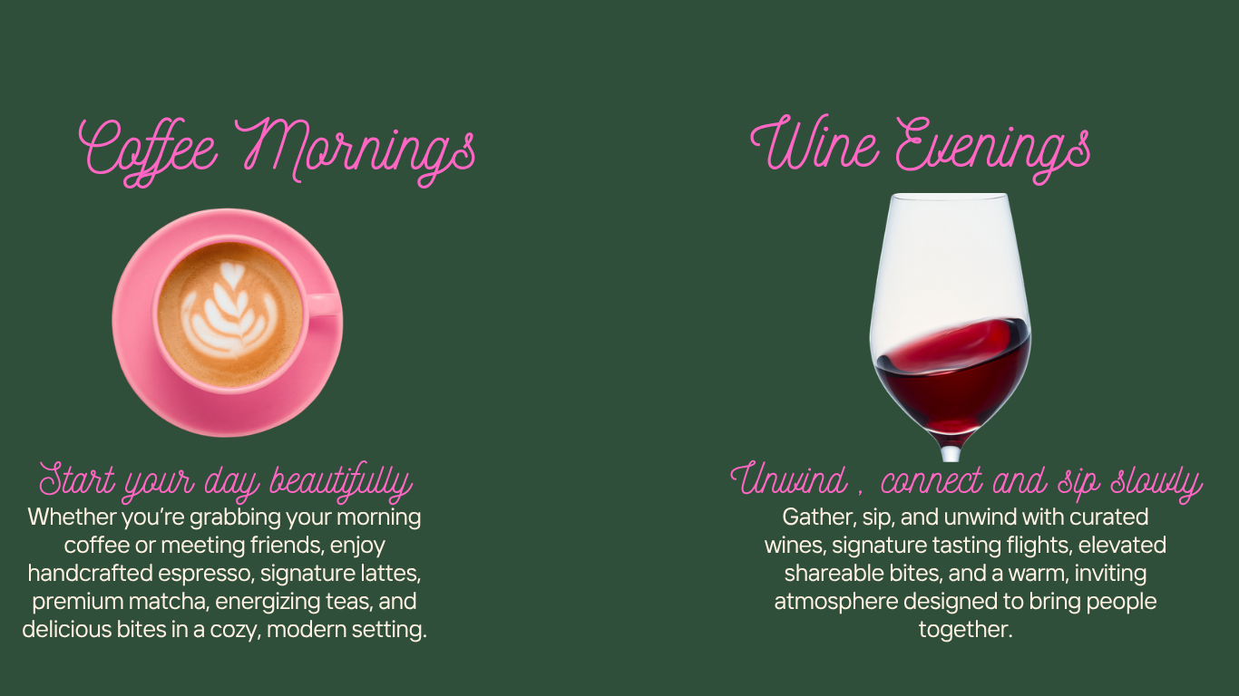 A promotional graphic split into two sections. The left side shows a pink coffee cup with latte art, with the text 'Coffee Mornings' and 'Start your day beautifully' below. The right side displays a glass of red wine with the text 'Wine Evenings' and 'Unwind, connect and sip slowly' below.