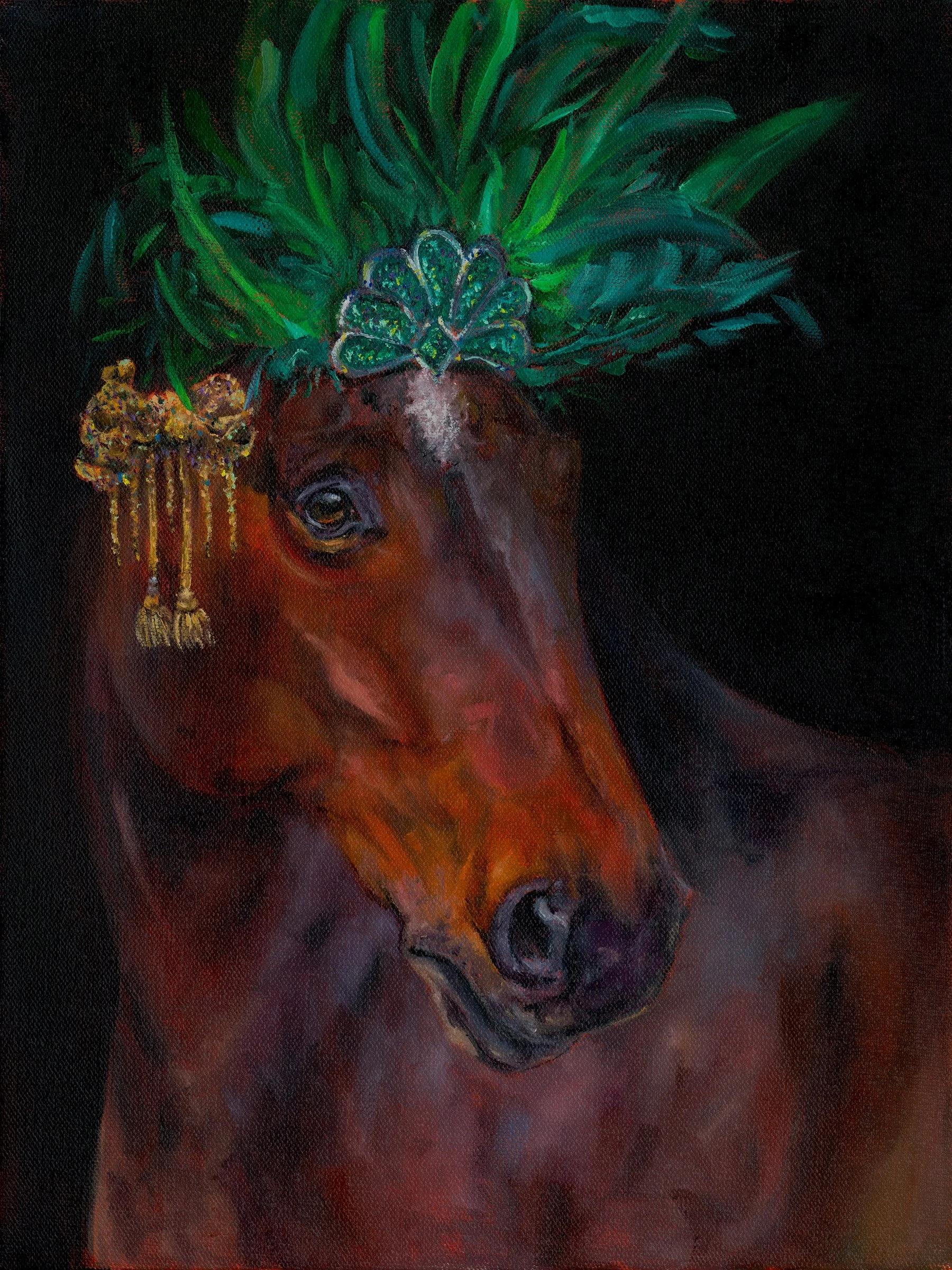 equine fine art for horse lovers - portrait of a bay mare in showgirl feathers
