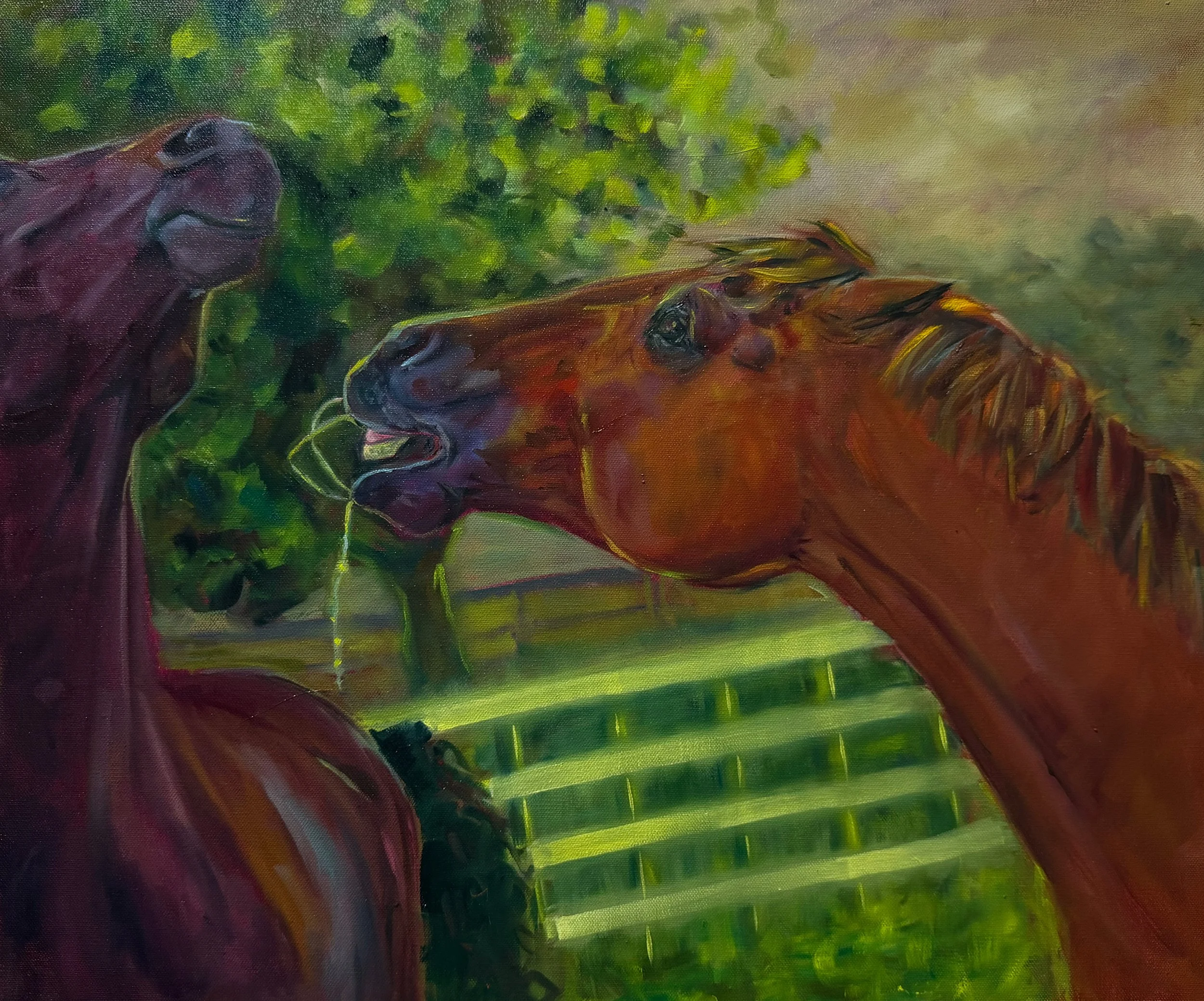 Oil painting of bay horse and chestnut horse fighting, equine fine art, horse girl art