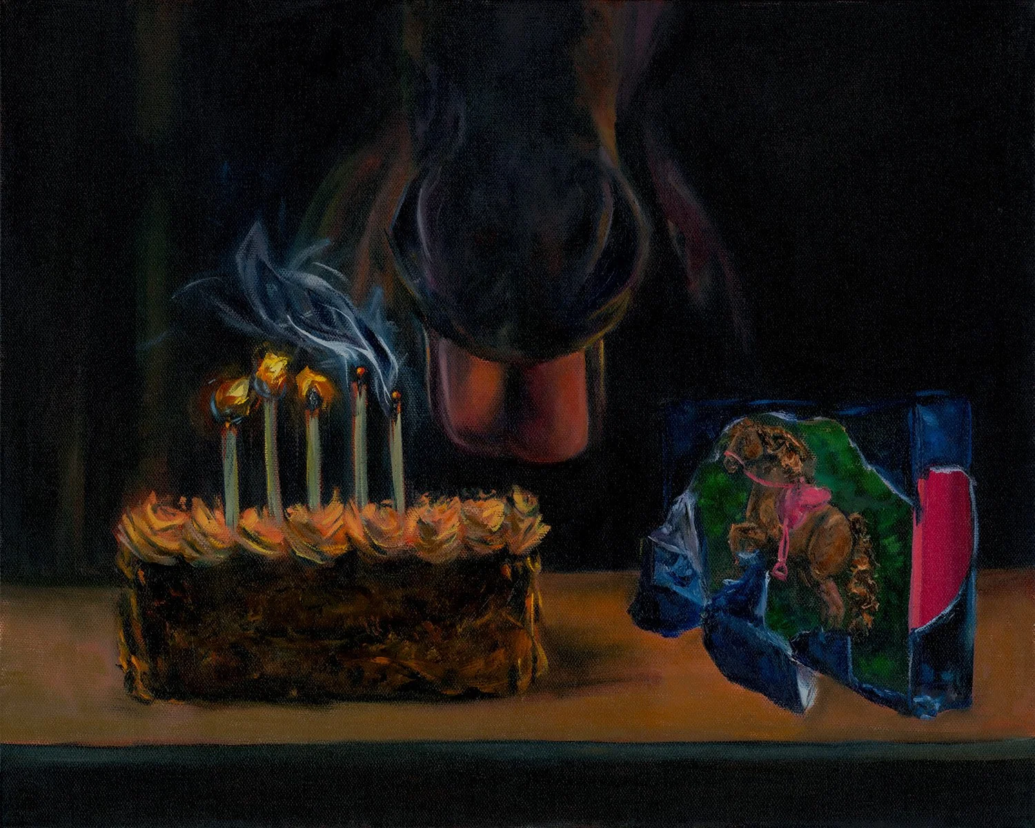 Oil painting of horse with birthday cake at party, equine fine art, horse girl art