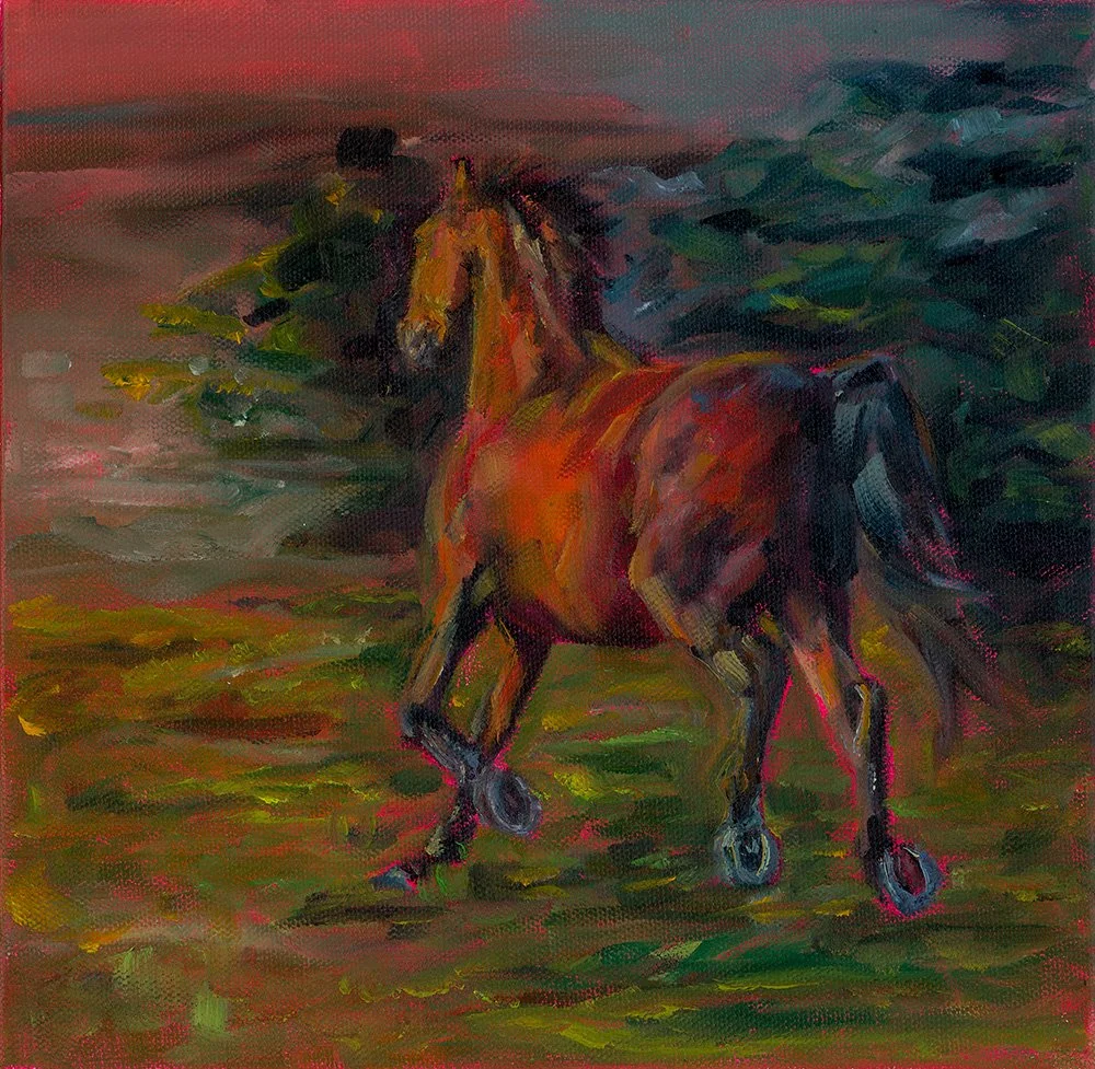 oil painting of bay mare cantering into sunrise - equine fine art, horse girl art, nashville