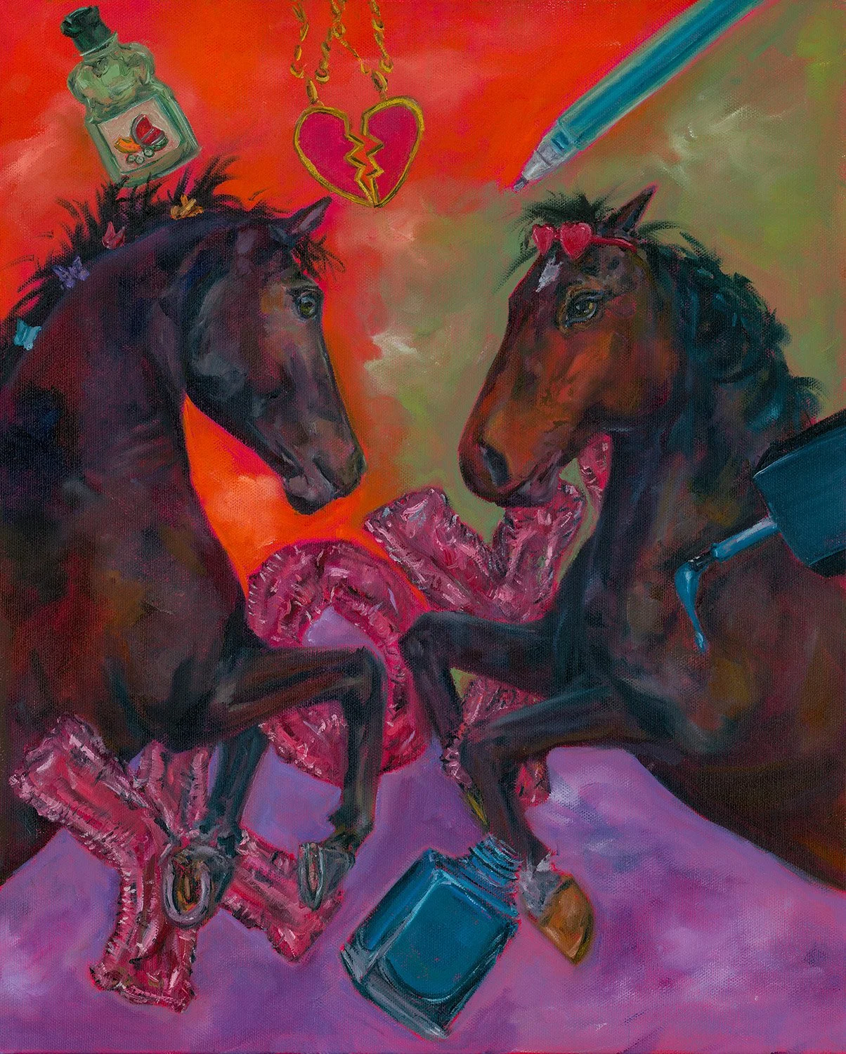 Oil painting of two horses rearing up at each other, equine fine art, horse girl art