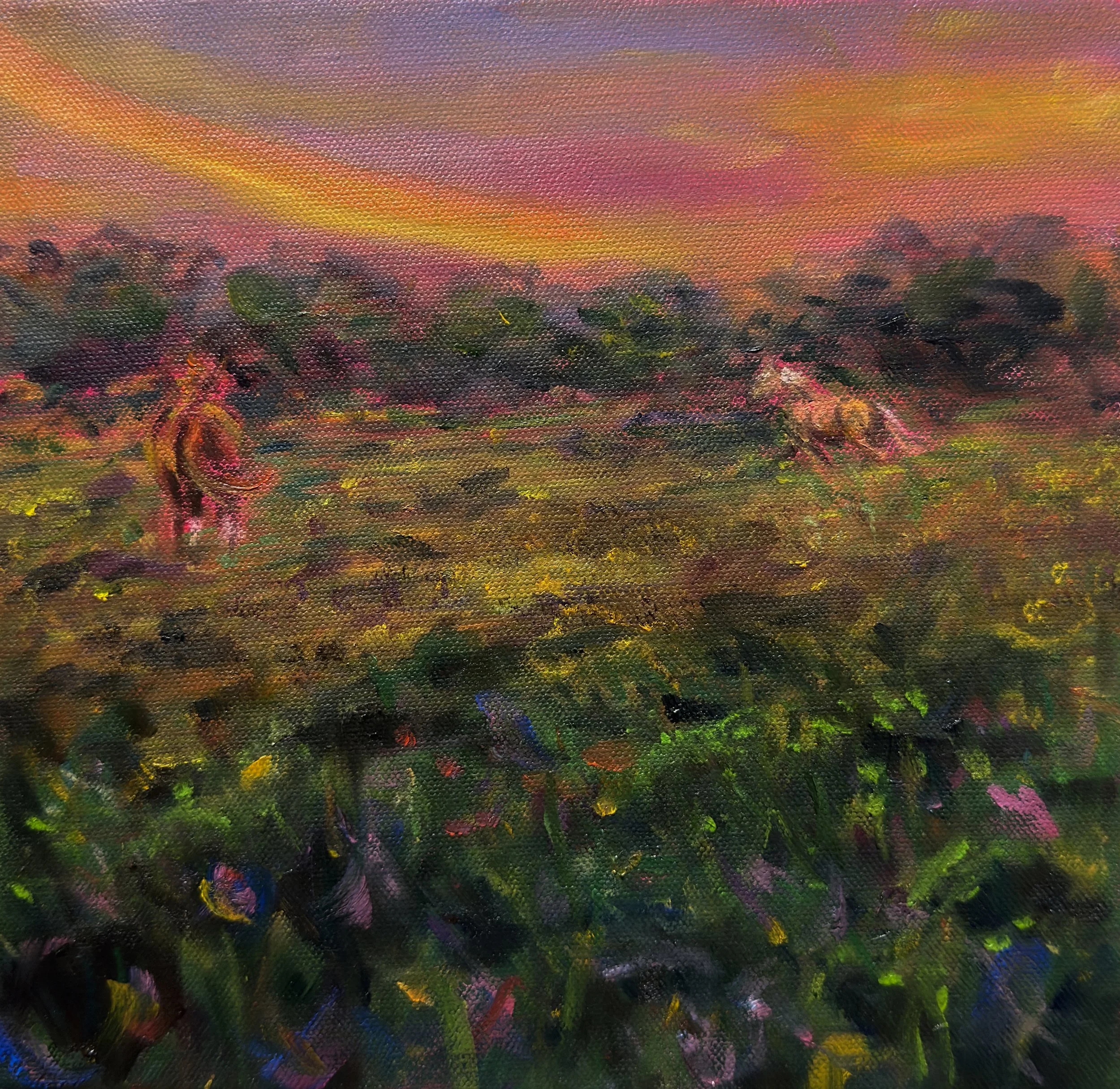 Oil painting of two horses running in field at sunrise, equine fine art, horse girl art