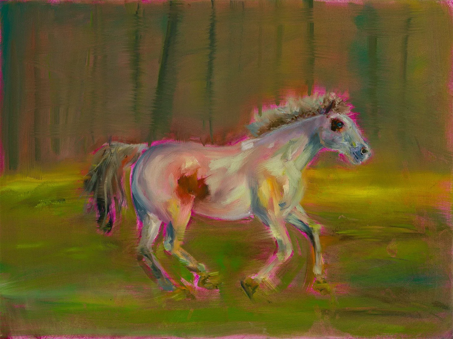 An abstract painting of a white horse with a flowing mane standing in a greenish landscape, with a blurred forest background.