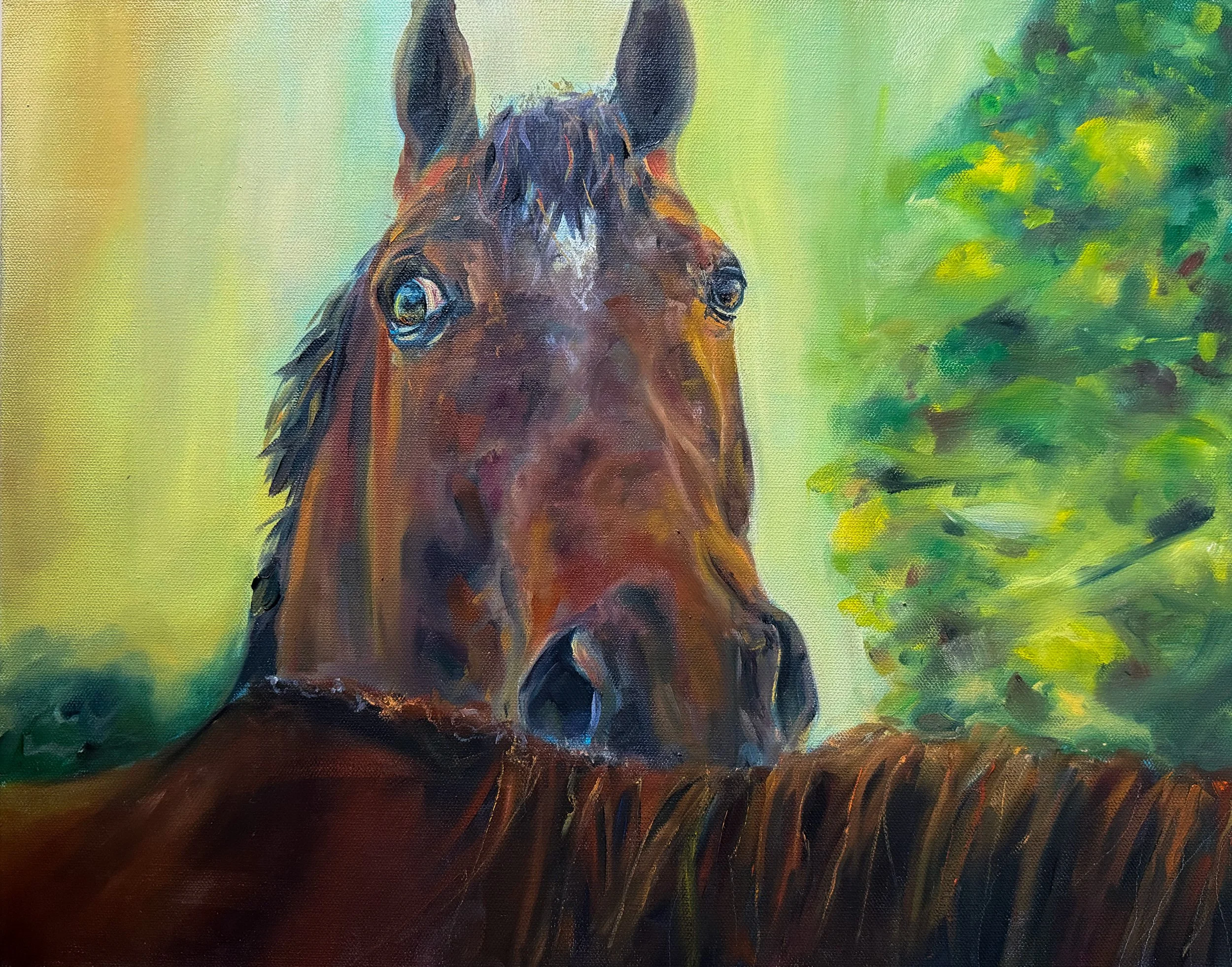 Oil painting of scared bay horse, equine fine art, horse girl art
