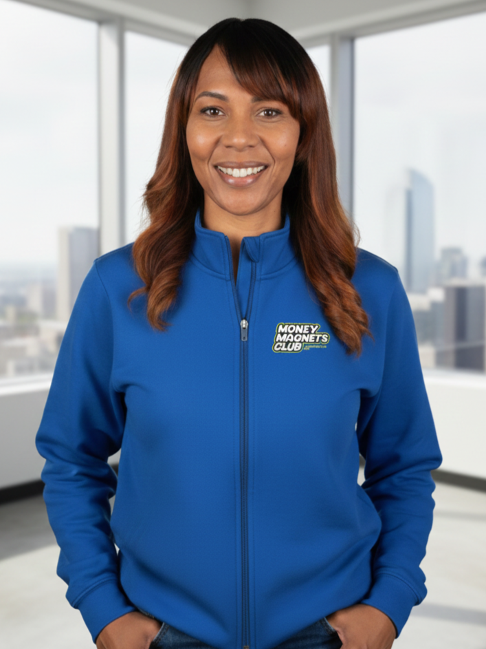 A woman with long brown hair smiling, wearing a blue jacket with a logo that says 'Money Magnets Club,' standing inside a modern office with large windows and cityscape view.