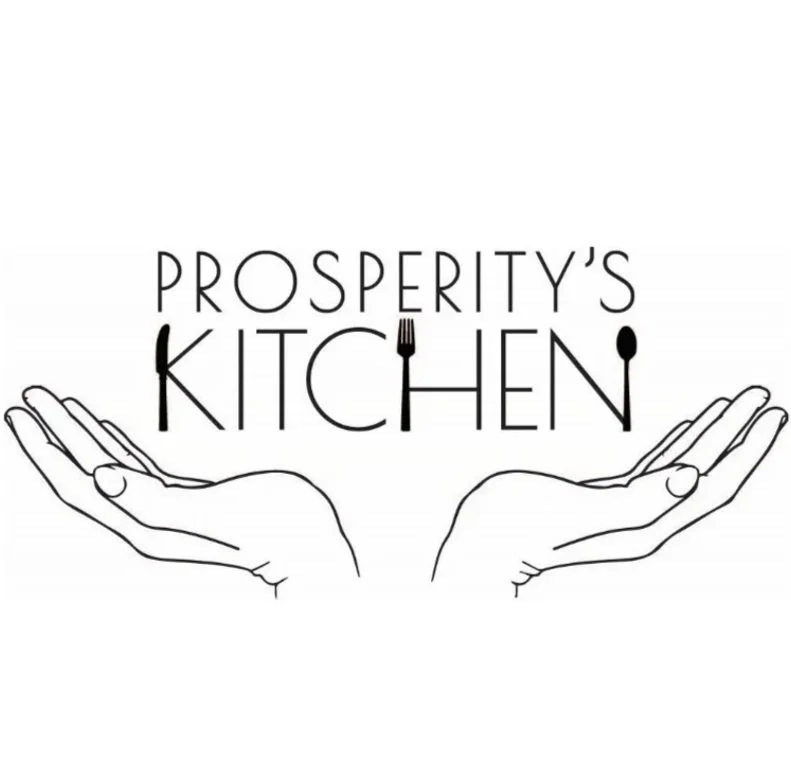 Stylized black and white illustration of two hands with palms up, with the text "Prosperity's Kitchen" above, featuring a fork and spoon in place of the letter "I" in "Kitchen."