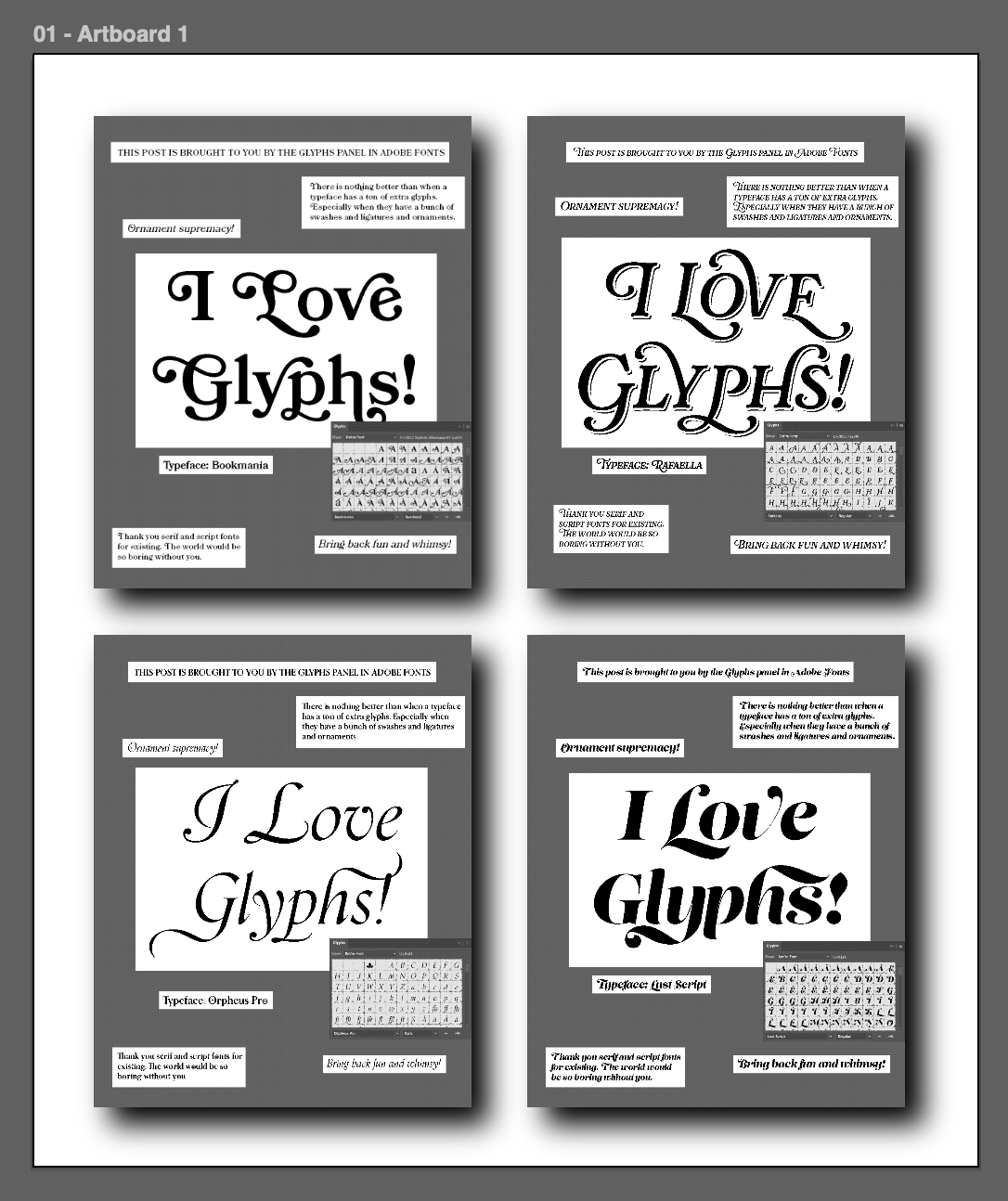 i love glyphs, four type variations