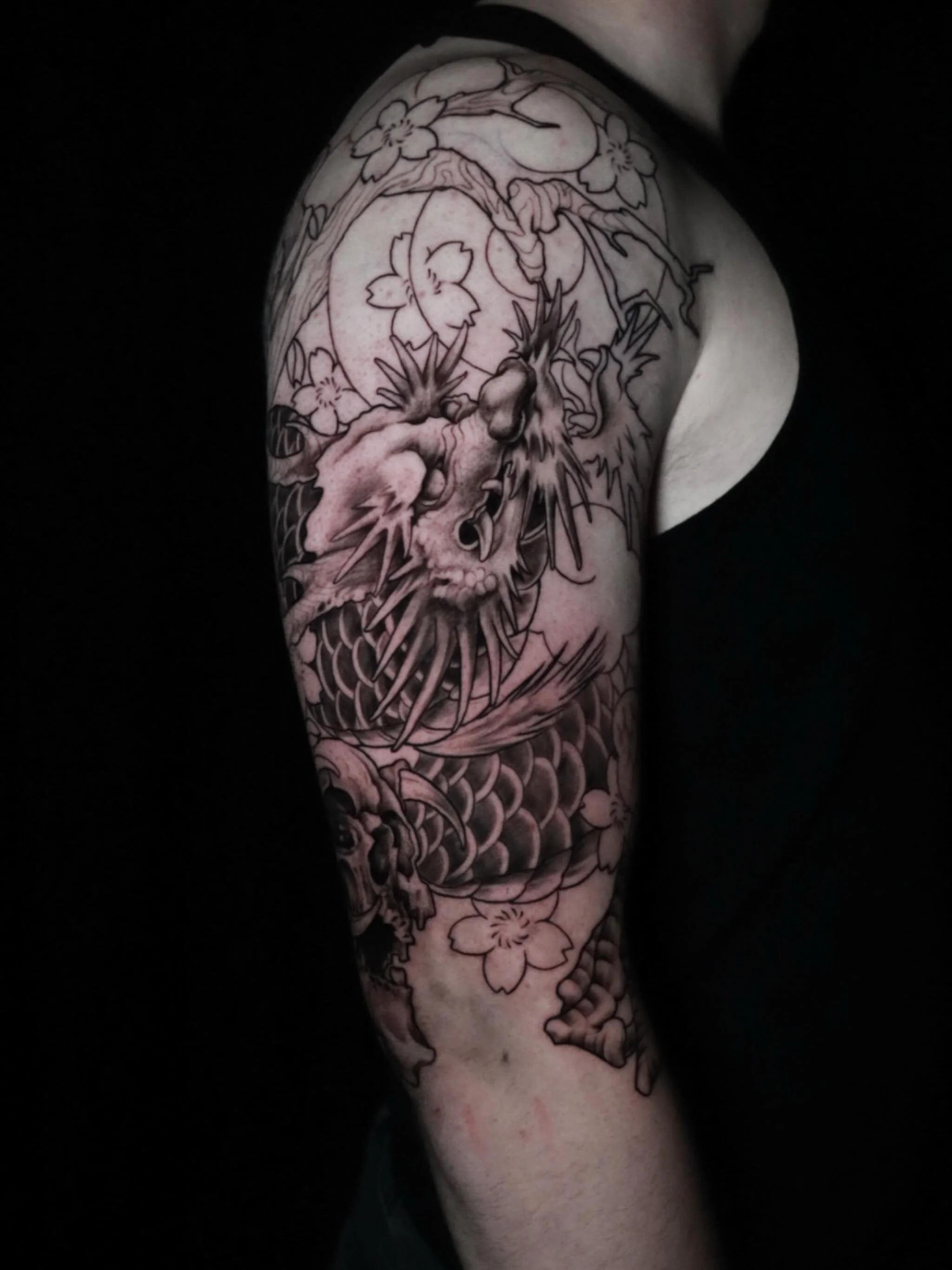 In progress, Booking November (720)393-0160
.
@realgonedenver 
.
.
#denvertattoo #denver #blackandgreytattoo #japanese #dragontattoo