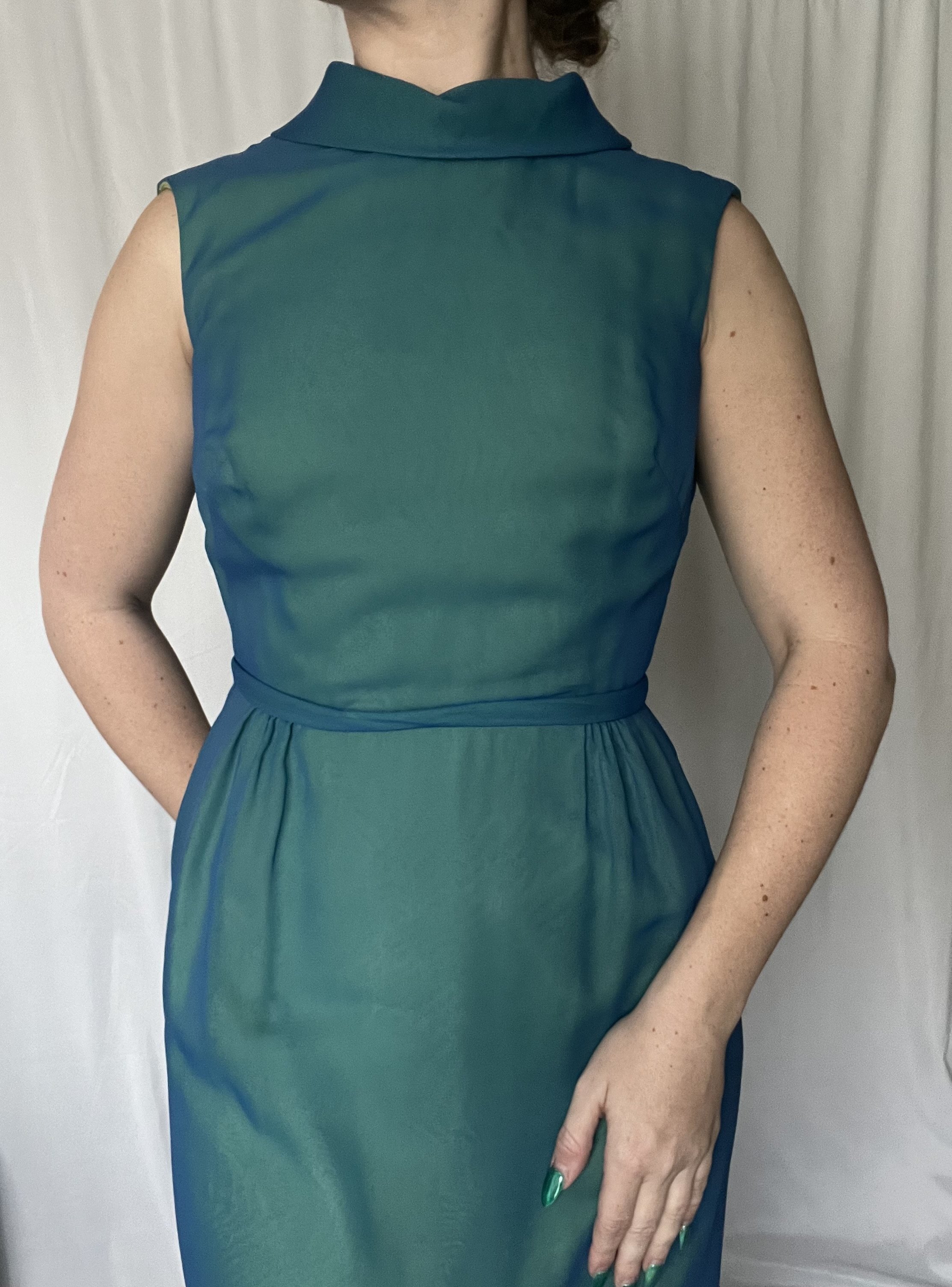 Vintage Miss Elliette California Blue and Green Ruffle Sleeveless Party Dress