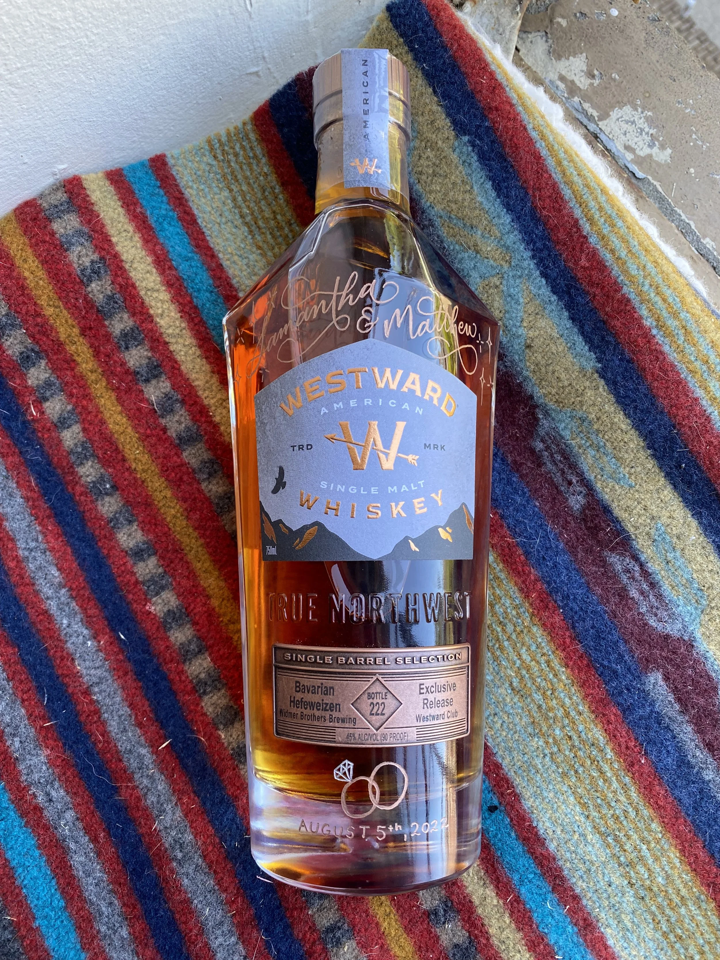 Westward Whiskey bottle engraved for an engagement