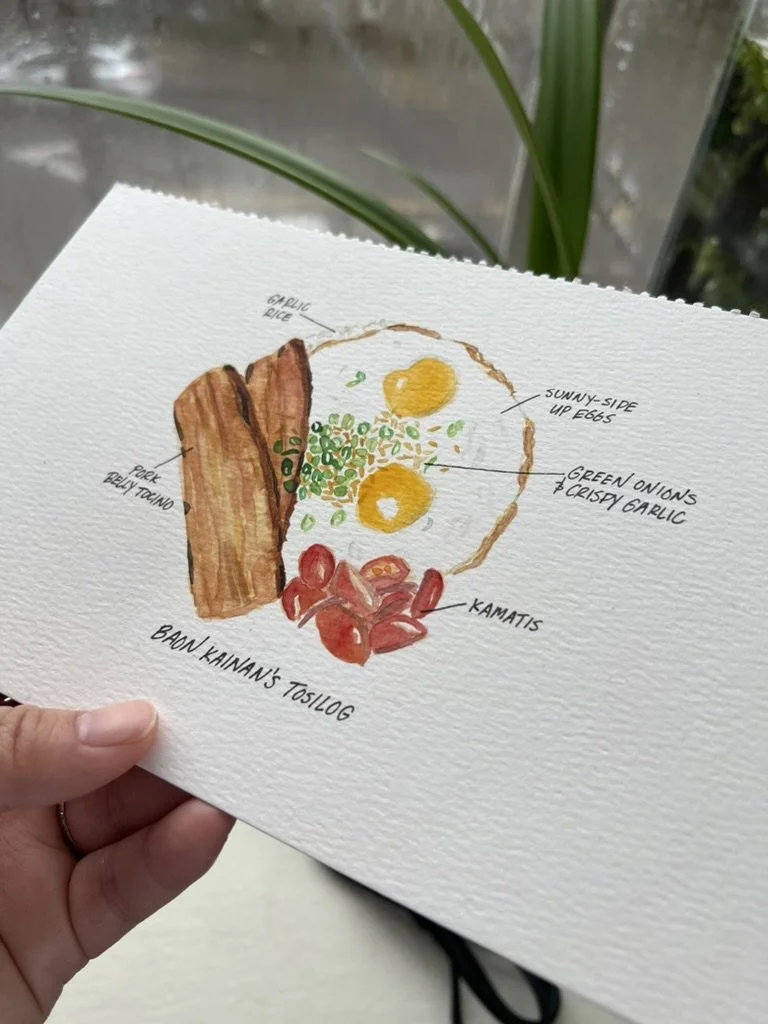 Hand holding a watercolor illustration of a breakfast plate with sunny-side up eggs, green onions and crispy garlic, pork belly tapa, kamatis, and garlic rice, with labels in black ink.