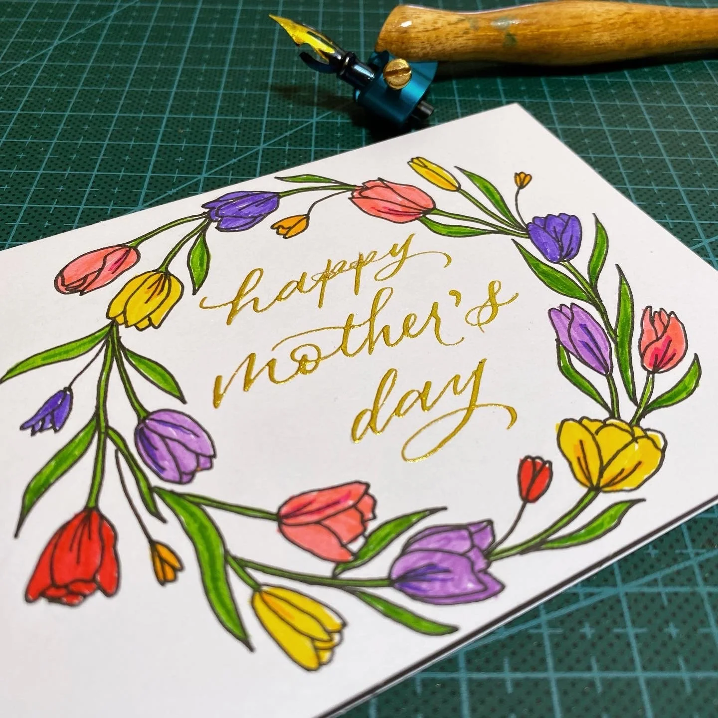 Handmade Mother's Day Card with a Tulip wreath