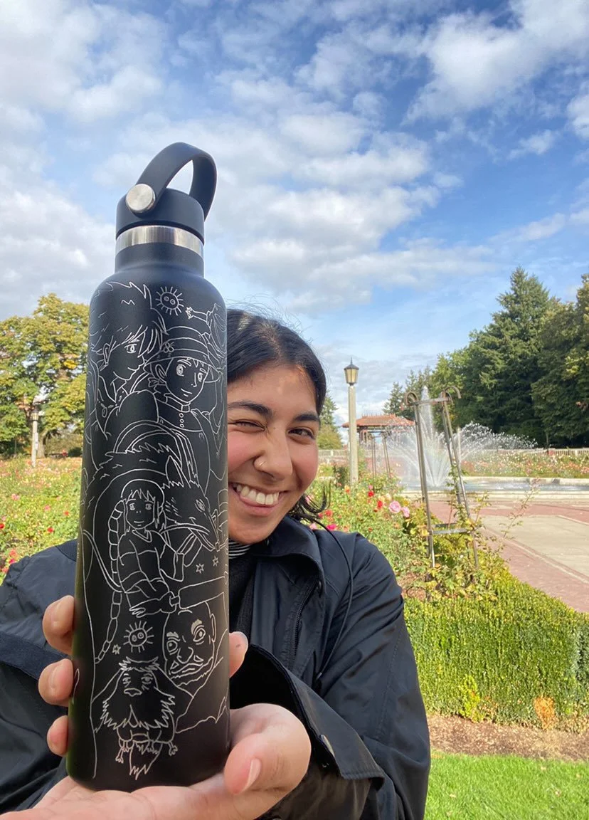 Engraved Hydro Flask that is studio ghibli-inspired