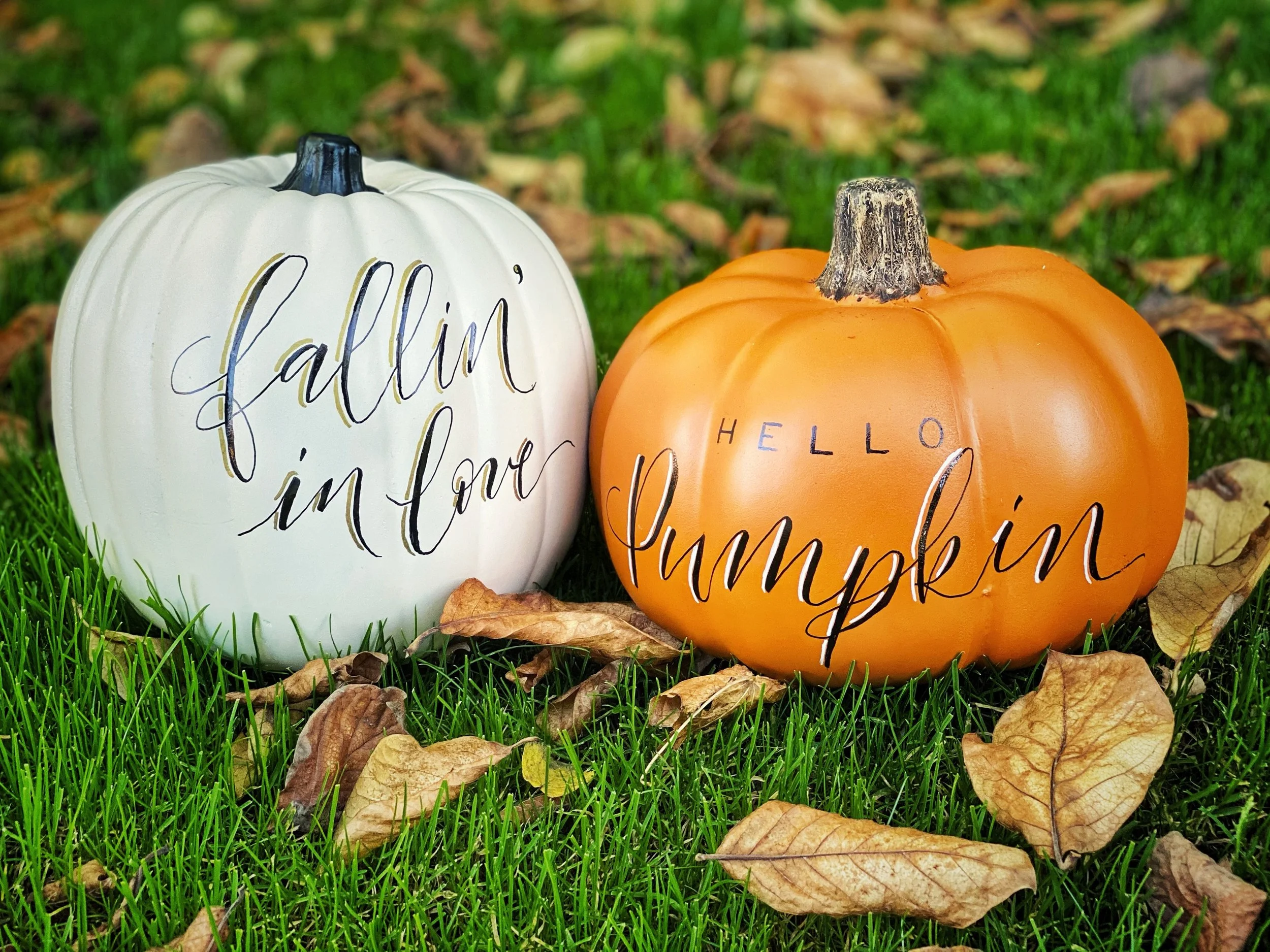 Pumpkins for Fall decor with the phrases, "Faillin' in Love" and "Hello Pumpkin."