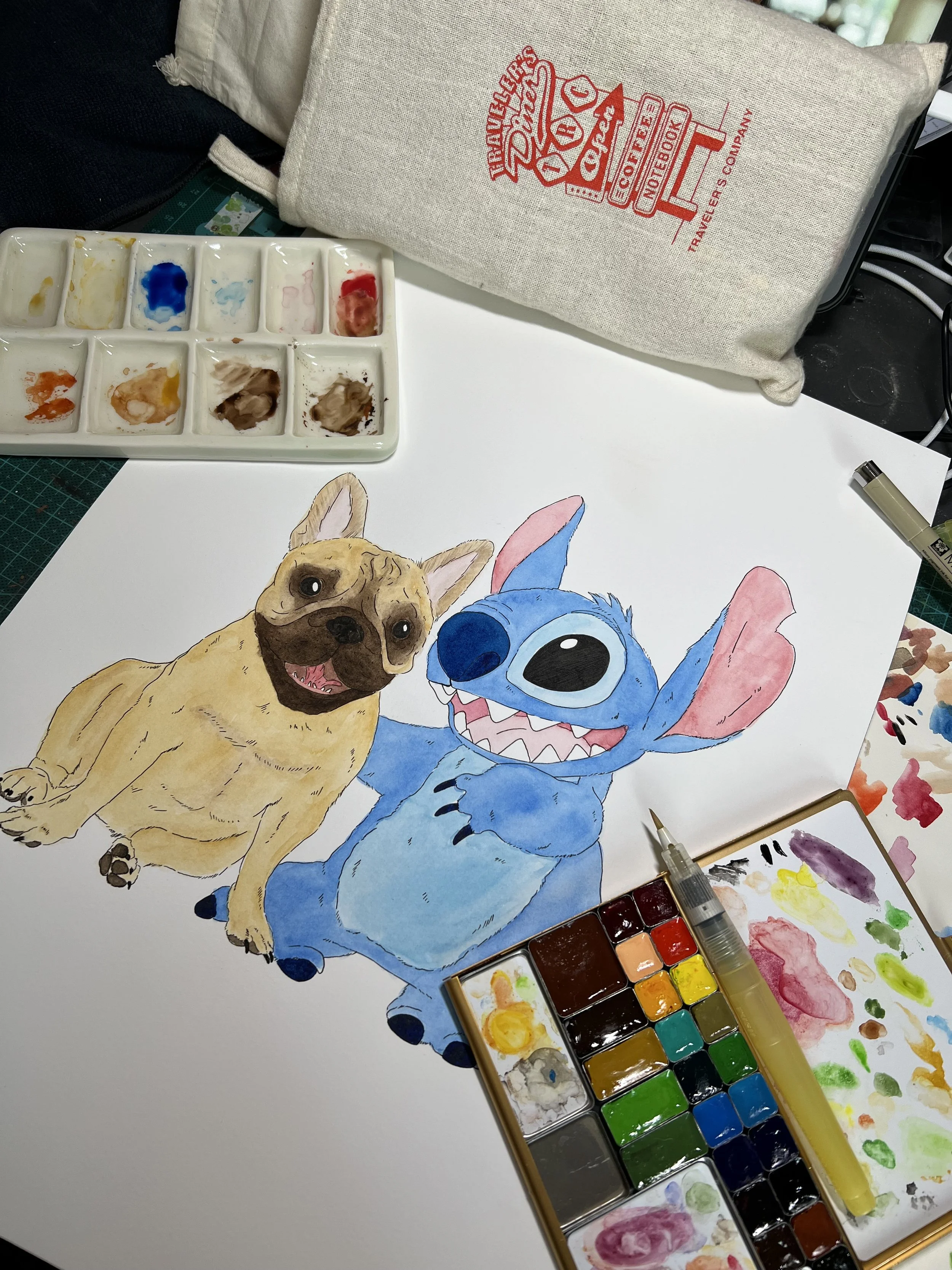 A pet memorial watercolor painting of the Disney character stitch hugging a French bulldog