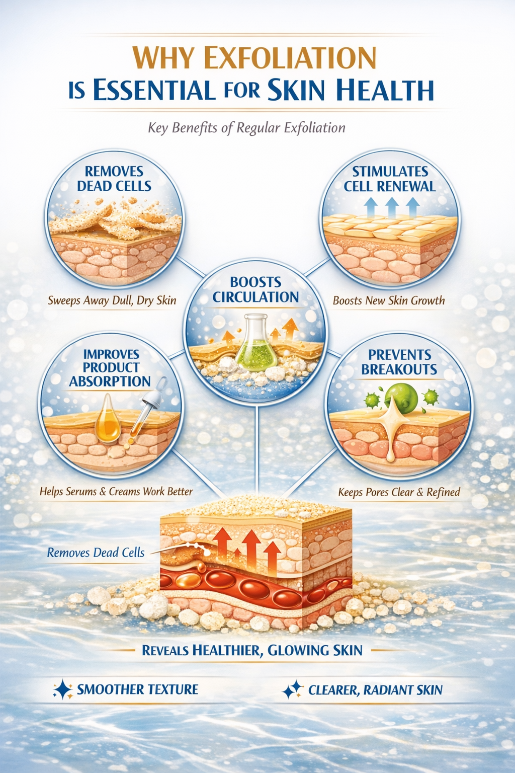 An infographic titled 'Why Exfoliation is Essential for Skin Health' explaining the benefits of regular skin exfoliation, including removing dead cells, stimulating cell renewal, improving product absorption, and preventing breakouts, with illustrations of skin layers and effects.