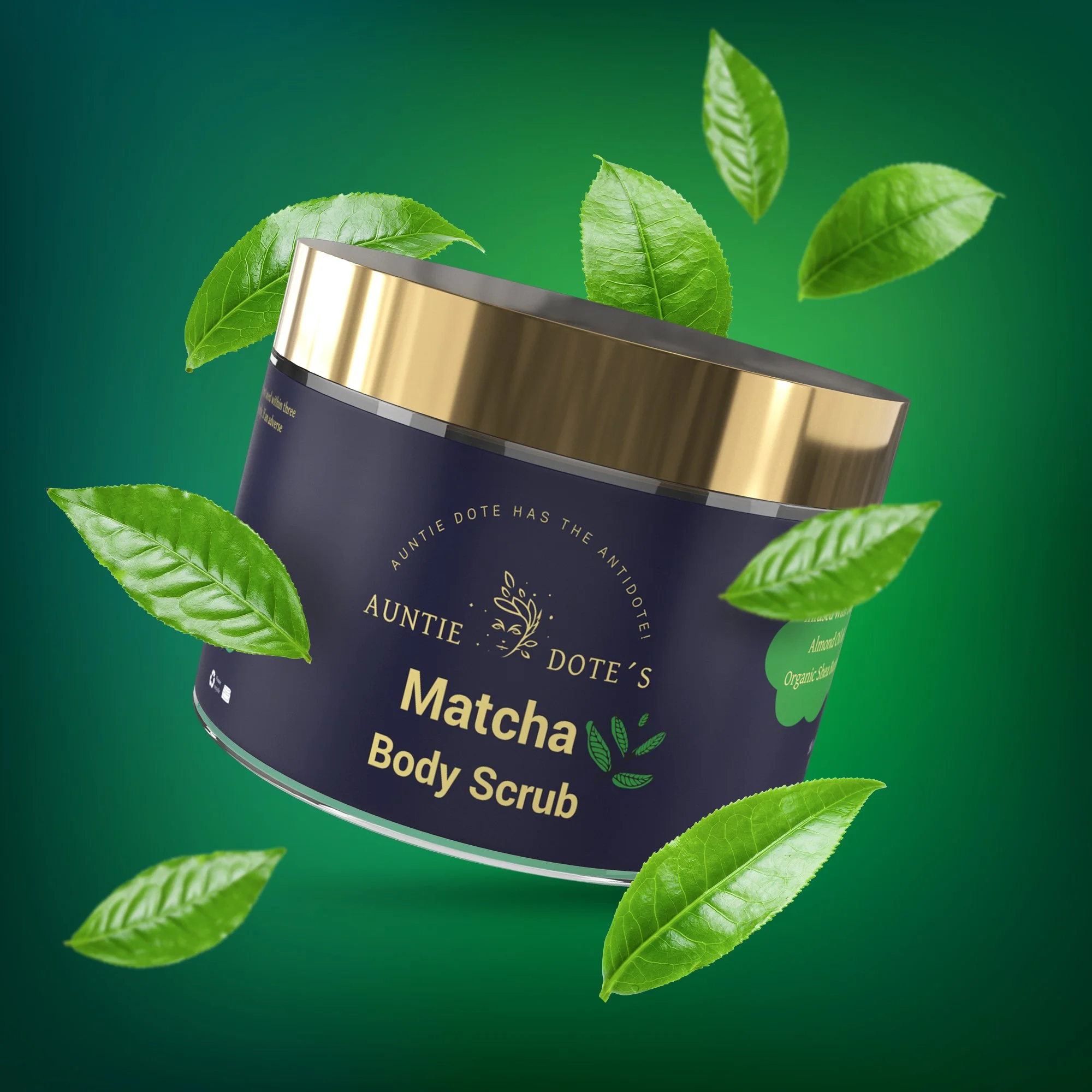 A container of Auntie Dote's Matcha Body Scrub surrounded by floating green tea leaves against a green background.