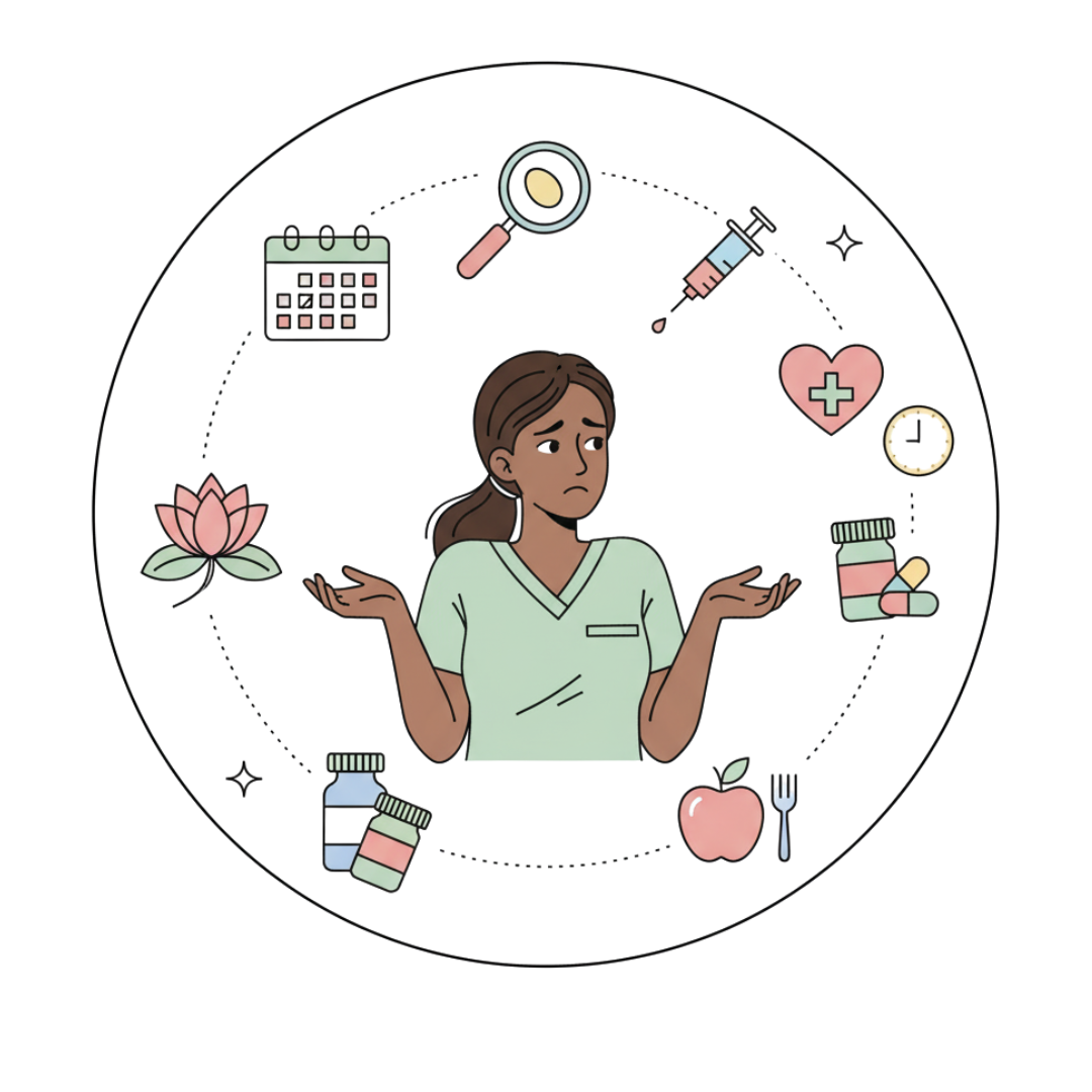 Illustration of a woman in her 20s or 30s confused or indecisive due to the complexity of information around women's health & fertility