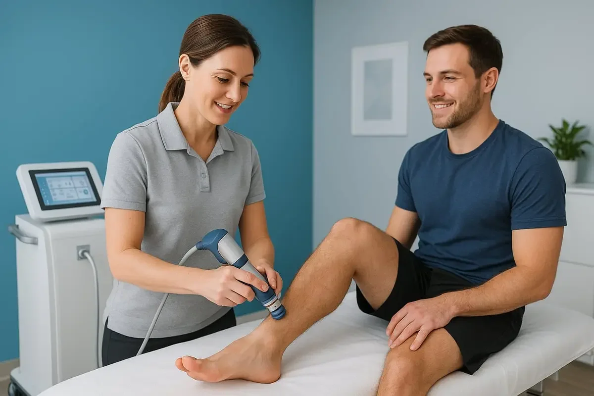 Active patient getting treated with shockwave therapy on leg