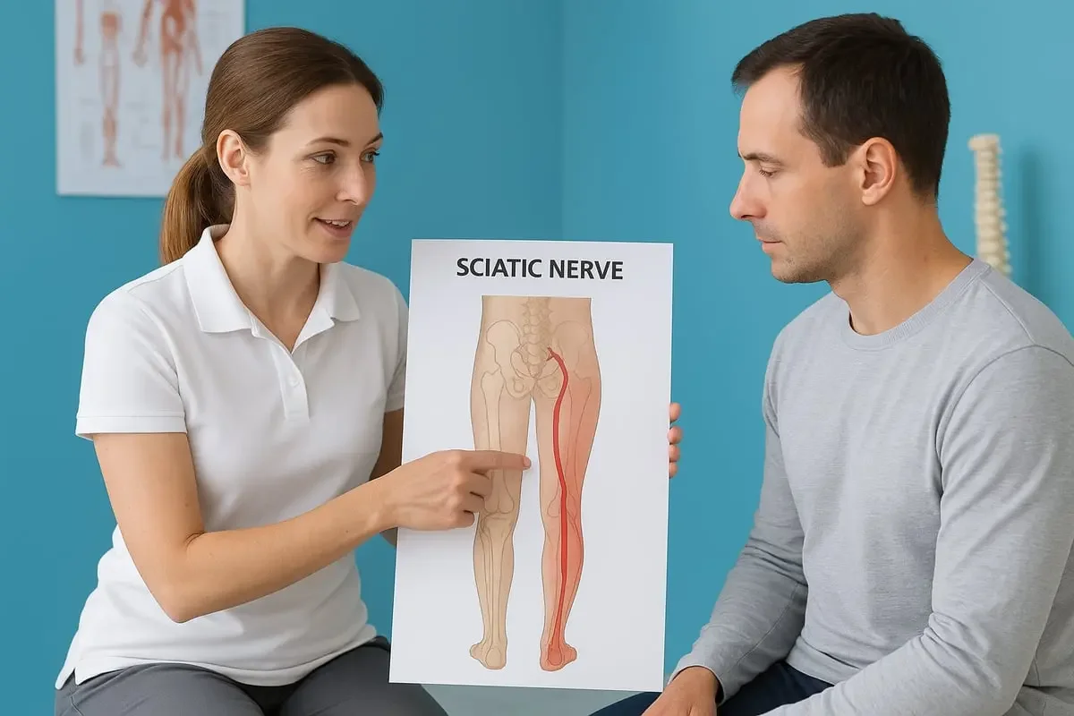 Explaining sciatica to patient using an illustration