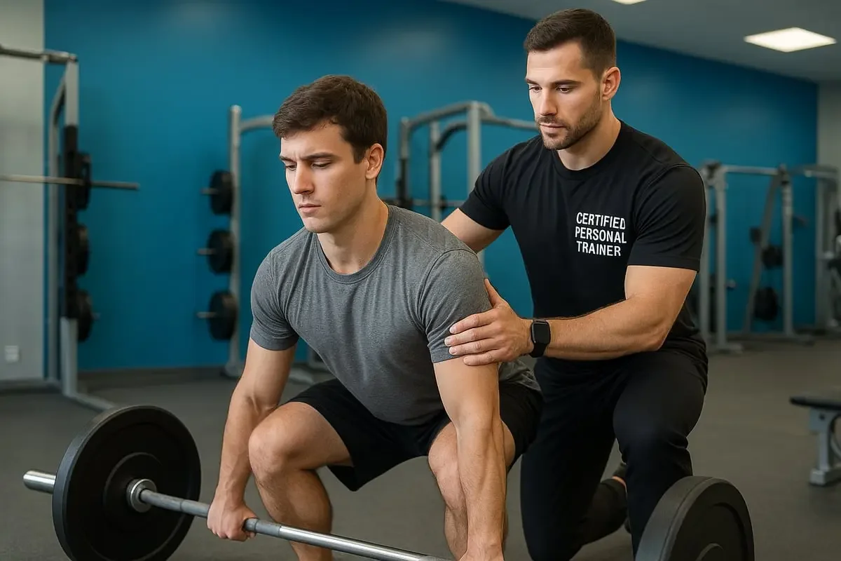 Strength coach guiding client with deadlift form