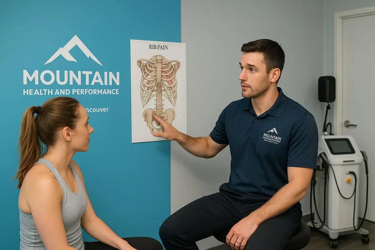 North Vancouver chiropractor explaining rib pain to patient using diagram