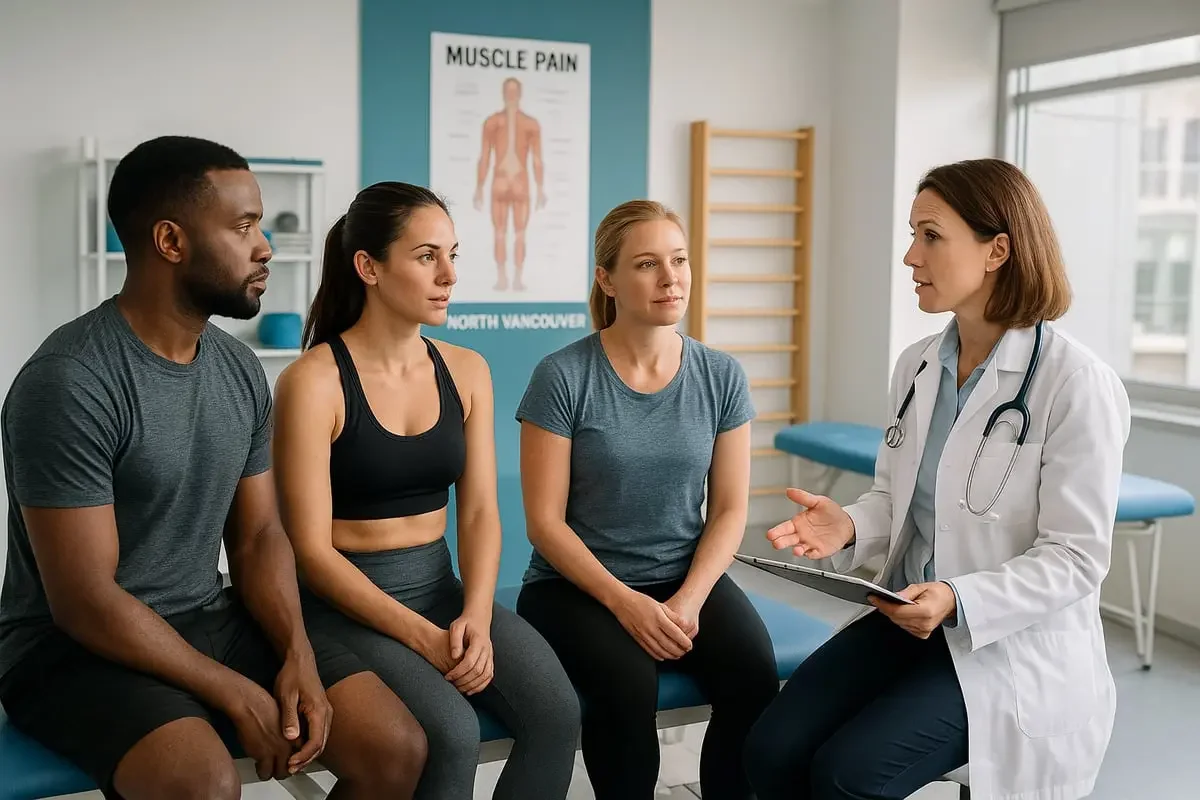 Chiropractor explaining muscle pain diagnosis to patients