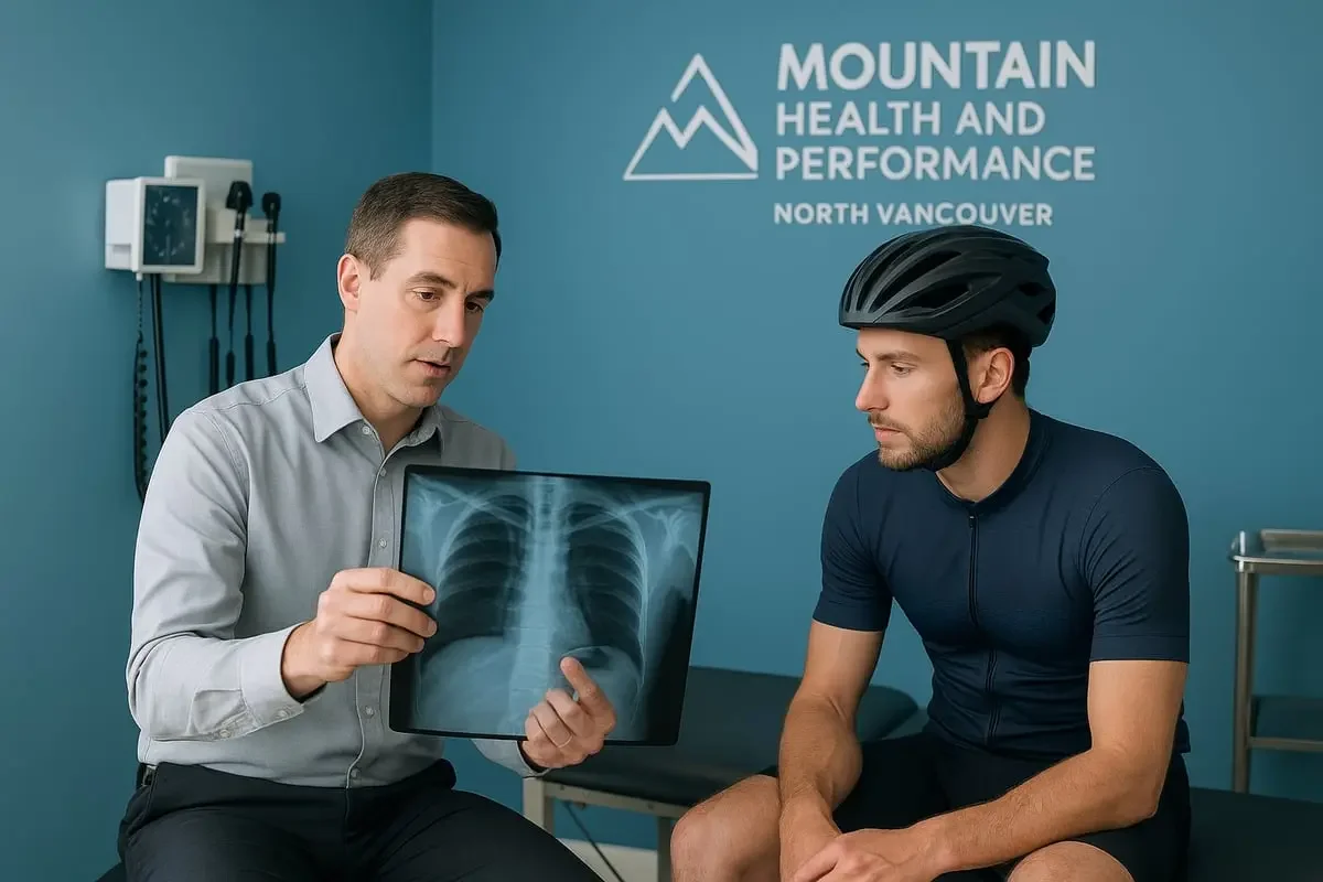 Practitioner showing x-ray results to cyclist