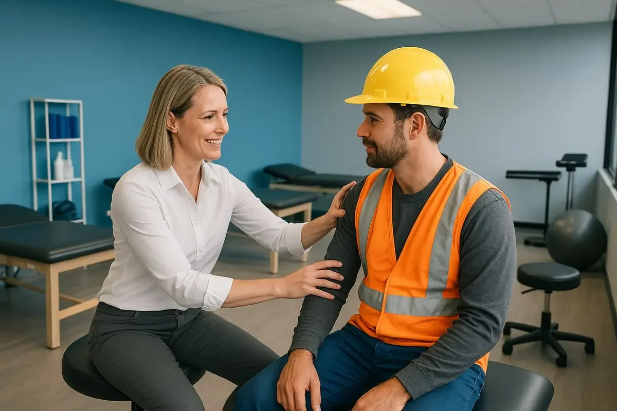 Worker talking healthcare provider about workplace injury