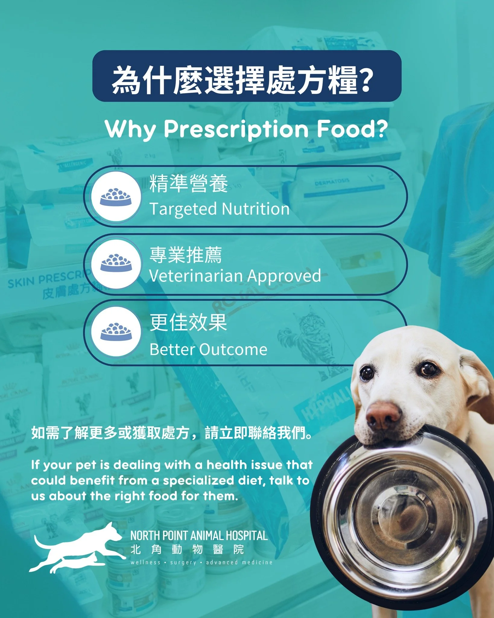 在管控毛孩的特別健康狀況時，處方糧往往能帶來顯著的效用。無論是腎臟健康、腸胃問題、過敏、或體重管理，我們都提供多種為您的寵物度身訂造的處方糧選擇。

為什麼選擇處方糧？
- 精準營養：專為管控慢性疾病及提升整體健康而設計。
- 專業推薦：由我們的獸醫團隊根據科學研究建議。
- 更佳效果：有助提升寵物的長期健康和生活品質。

如果您的寵物正面對健康問題並可能需要處方食糧，歡迎向我們查詢最合適的處方糧。
如需了解更多或獲取處方，請立即聯絡我們。

📍 地址：香港北角清華街1號
📞 電話：+852