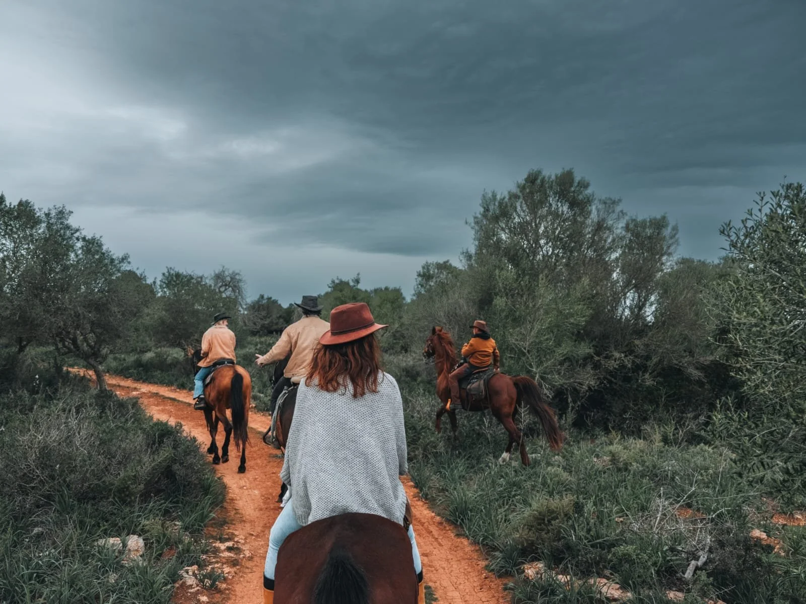 Four people riding horses on a dirt trail through a landscape with bushes and trees, under a cloudy sky.