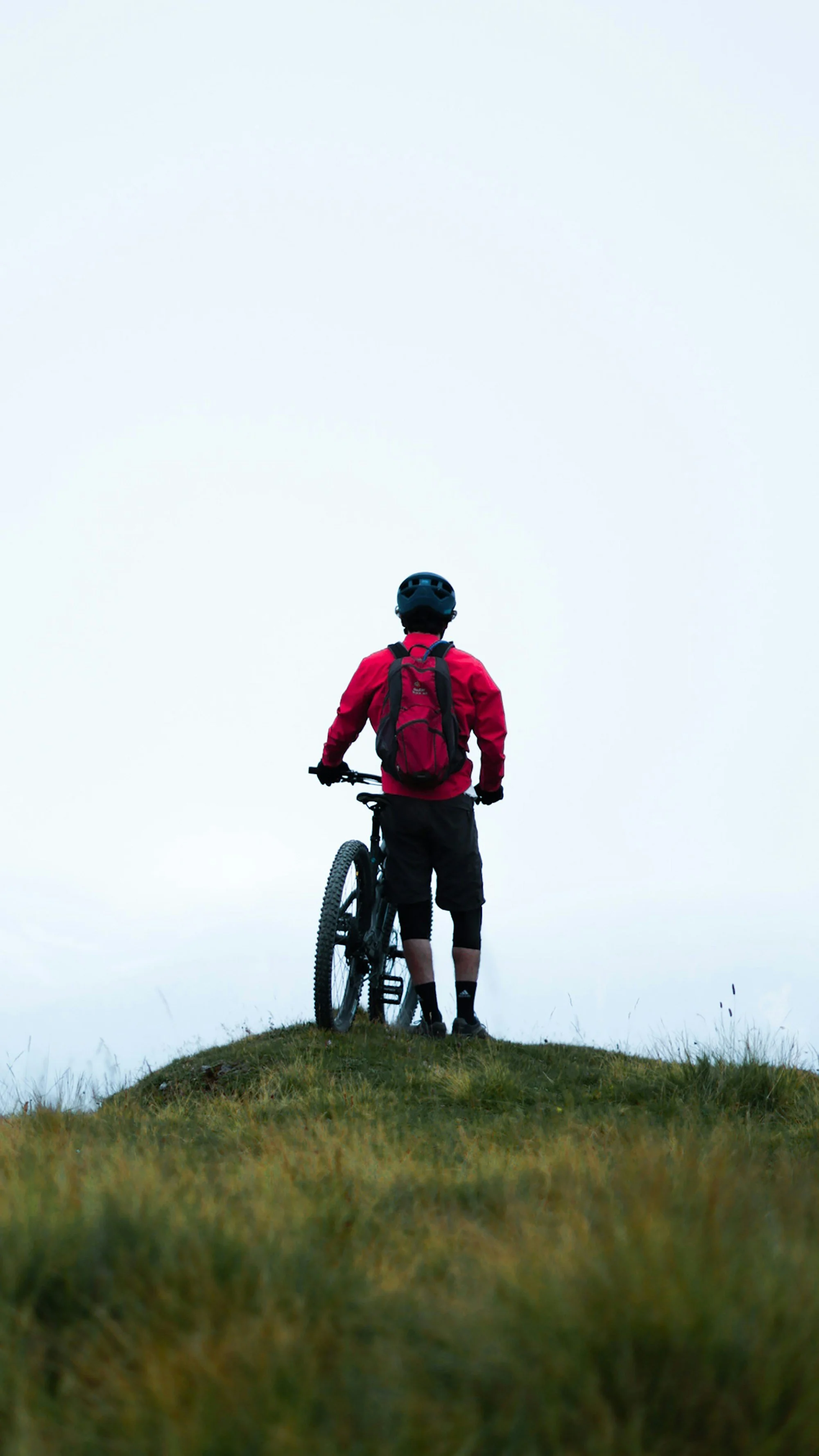 A person in a red jacket and black shorts standing on a grassy hill, holding a mountain bike, and looking into the cloudy sky.