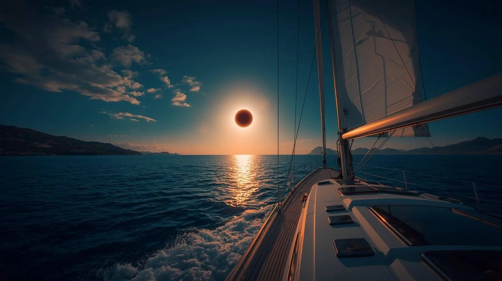 A sailboat on the ocean during sunset with a solar eclipse in the sky.