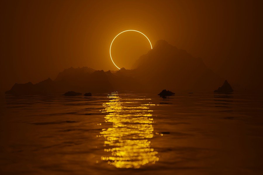 A sunset over a body of water with a mountain silhouette and a solar eclipse, creating a glowing ring of light and reflections on the water.