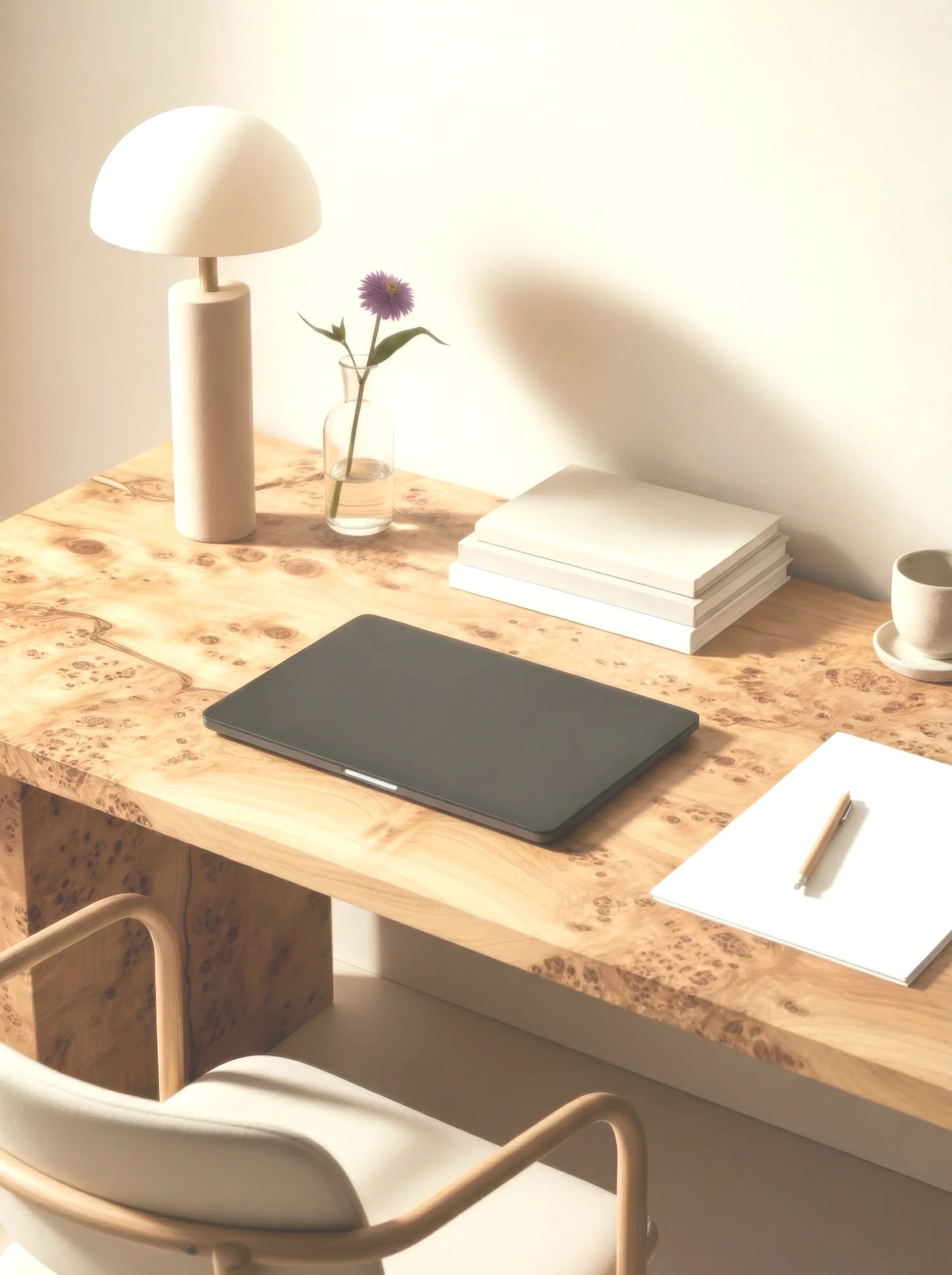 A wooden desk with a closed laptop, a notebook, and a pen, along with a white lamp, a small glass vase with a purple flower, and speakers. A stack of white books is also on the desk, with a white ceramic mug nearby.