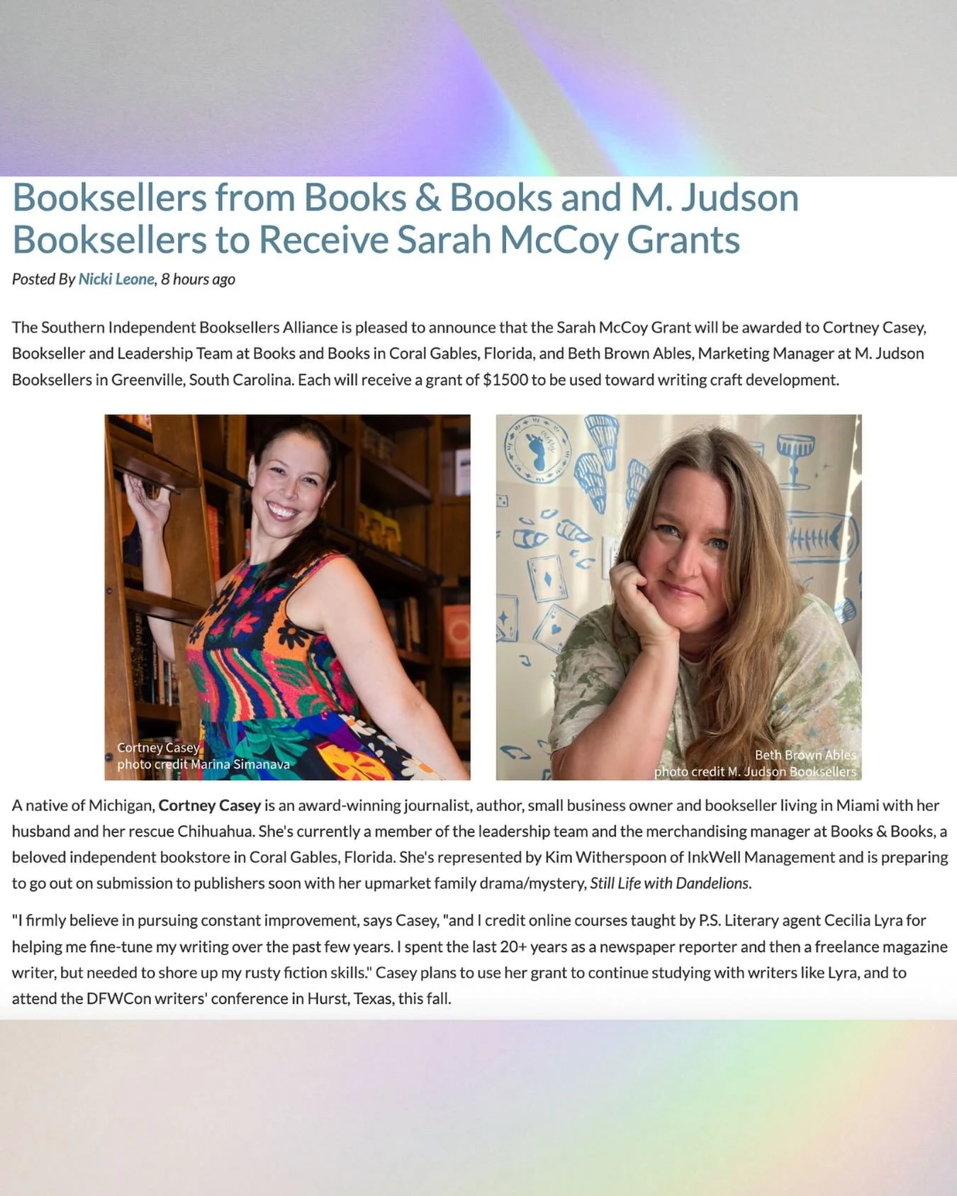 Here&rsquo;s my writing news from a few weeks ago that I was keeping under wraps! 🙌🏻 So honored to be a 2025 @siba_books McCoy Grant recipient! I&rsquo;ll be using the funds to attend @dfwcon, register for more of @cece_lyra_agent&rsquo;s classes, 
