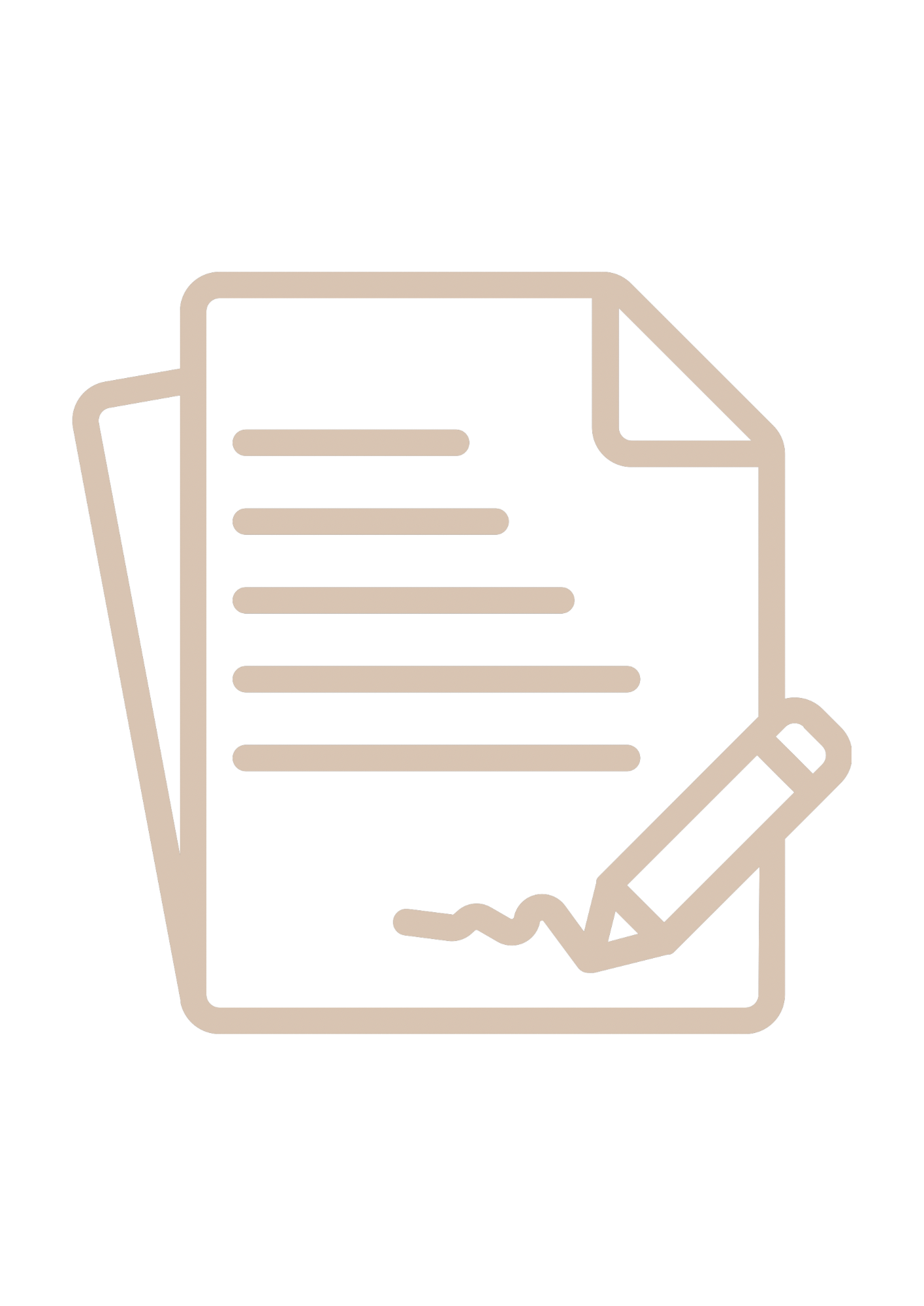 Outline icon of a clipboard with lines of text, a pencil, and a magnifying glass.