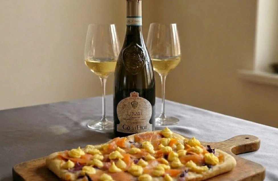 Pizza con Trota Affumicata, Cipolla Rossa di Tropea e Maionese al Lime