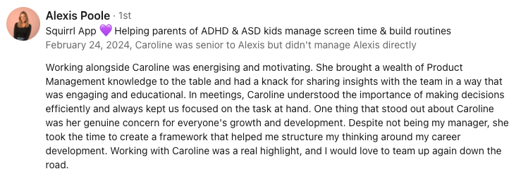 Screenshot of a LinkedIn post by Alexis Poole discussing Caroline Clark's advisory and support services