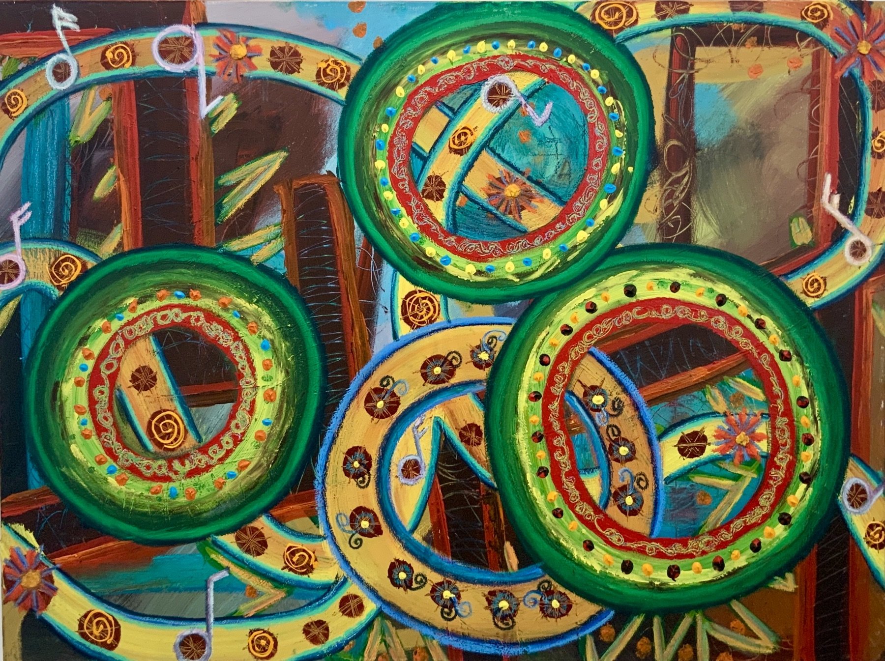 Acrylic abstract painting blues, yellow and browns with four green, yellow, blue circles moving on a yellow and blue rail with musical notes and flowers on stretched canvas.