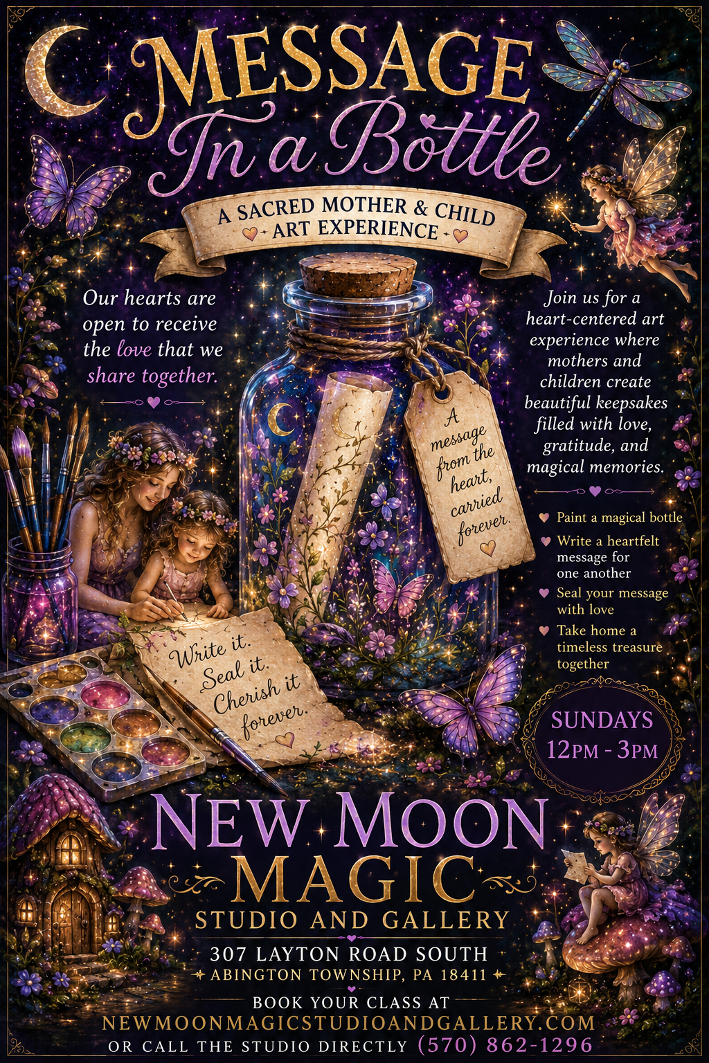 A magical scene in dark purple with fairies, butterflies, dragonflies, a mother and child creating art together with a sealed glass bottle in the middle with a cork and tag for a class Message In a Bottle at New Moon Magic Studio and Gallery