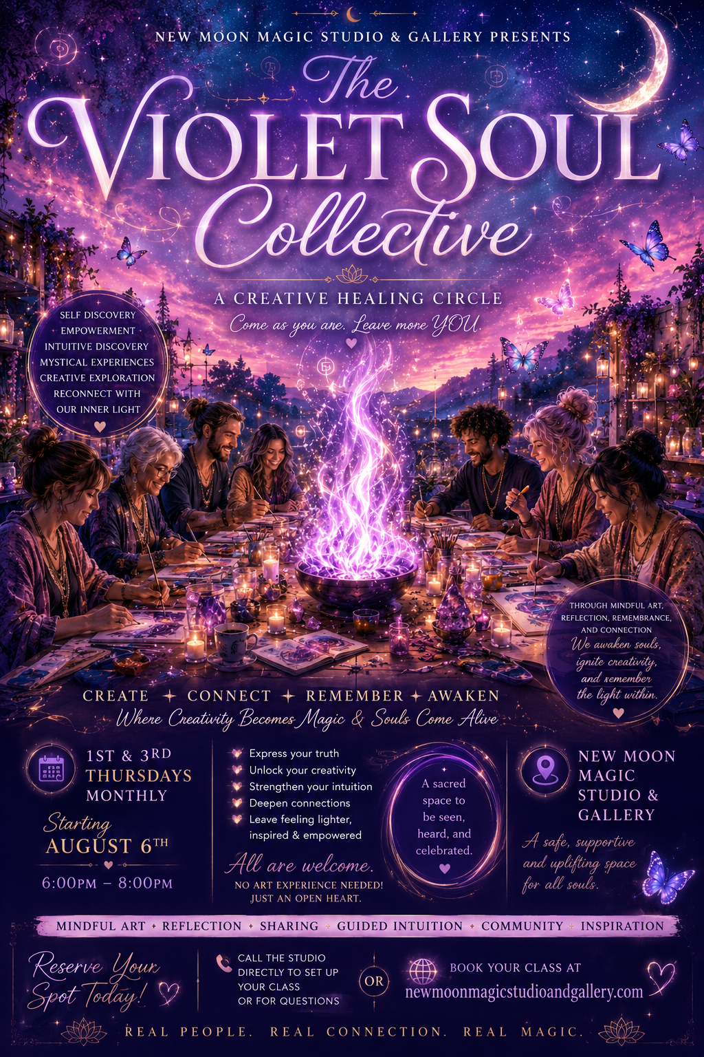 Men and Women sitting at a art table with a large purple fiery flame in the middle creating, connecting, remembering and awakening at The Violet Soul Collective Creating Healing Circle at New Moon Magic Studio and Gallery LLC