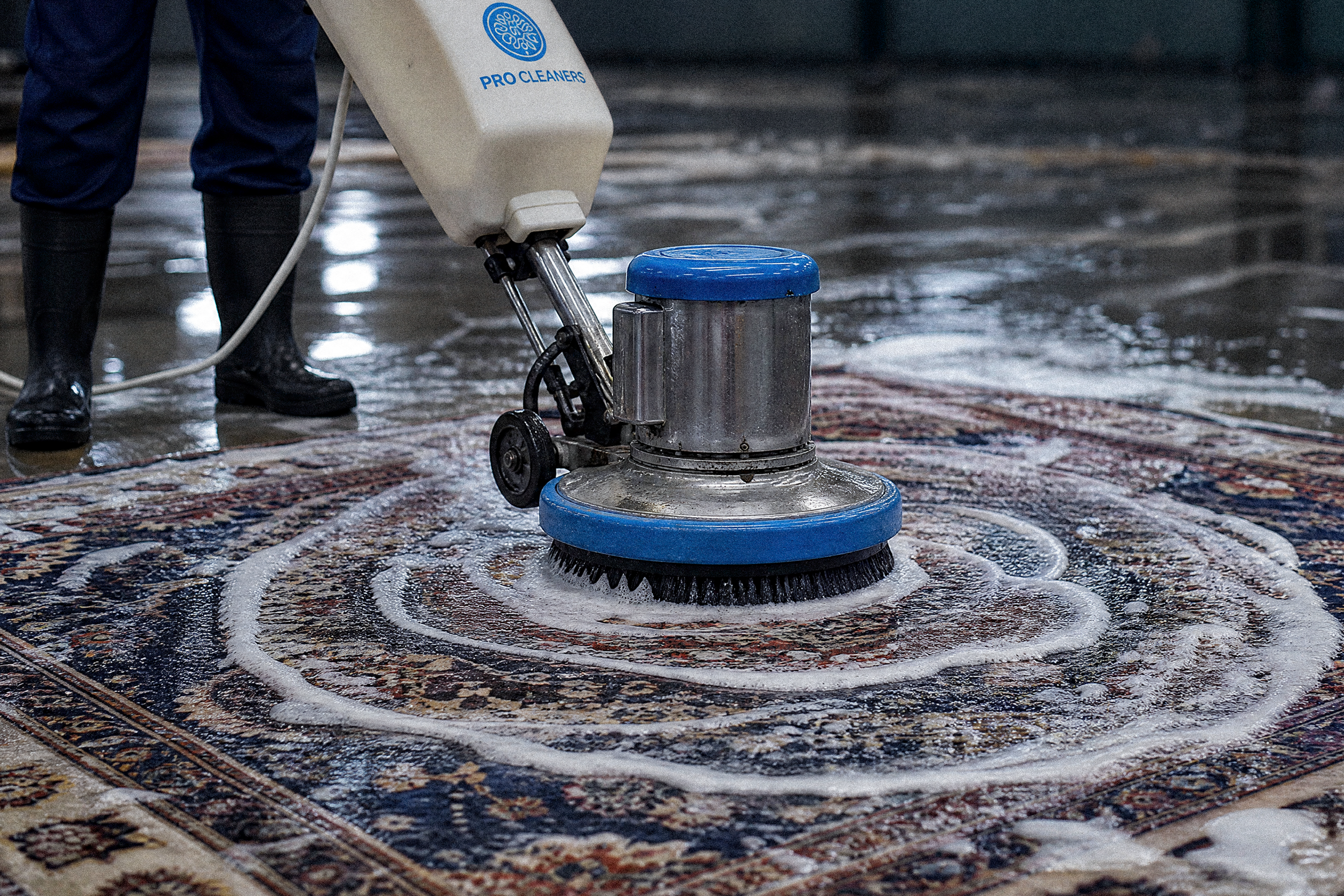 Person cleaning an ornate area rug with a professional floor cleaning machine in a wet environment.