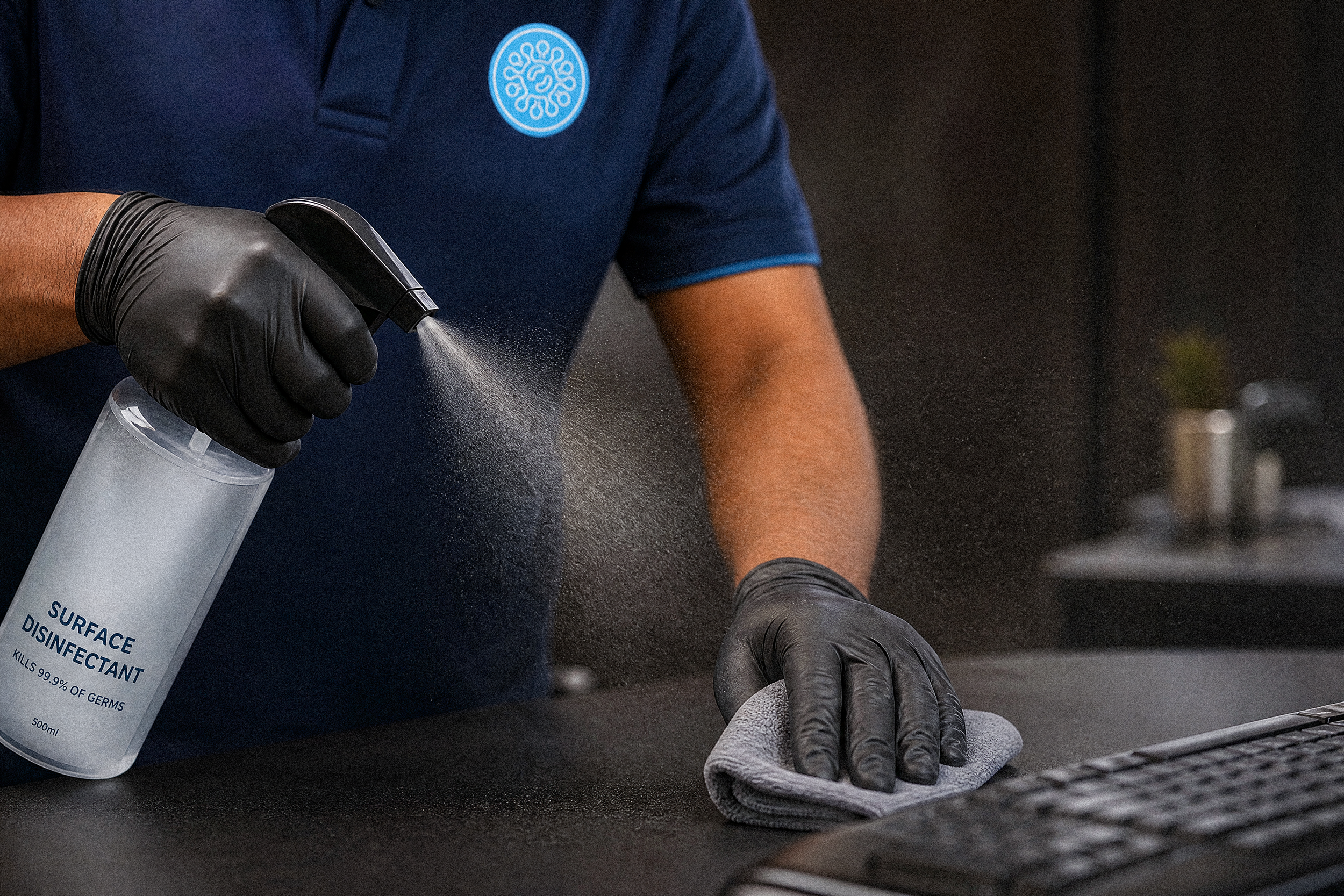 Person wearing black gloves spraying disinfectant from a white bottle onto a gray cloth near a keyboard on a black surface.