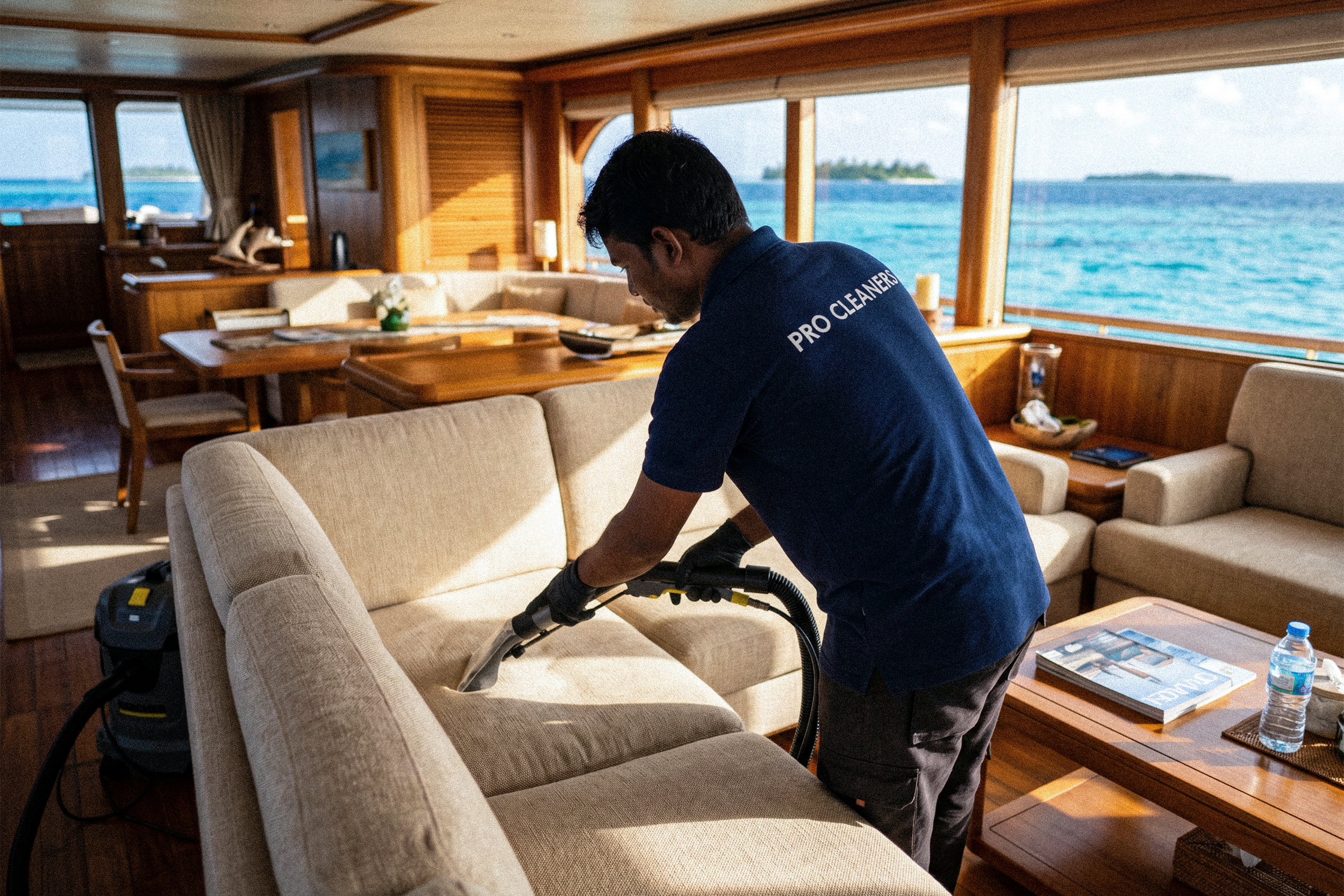 A man in a navy blue shirt labeled 'Pro Cleaners' is vacuuming a beige sofa in a well-lit room, with large windows showing a sea view outside.