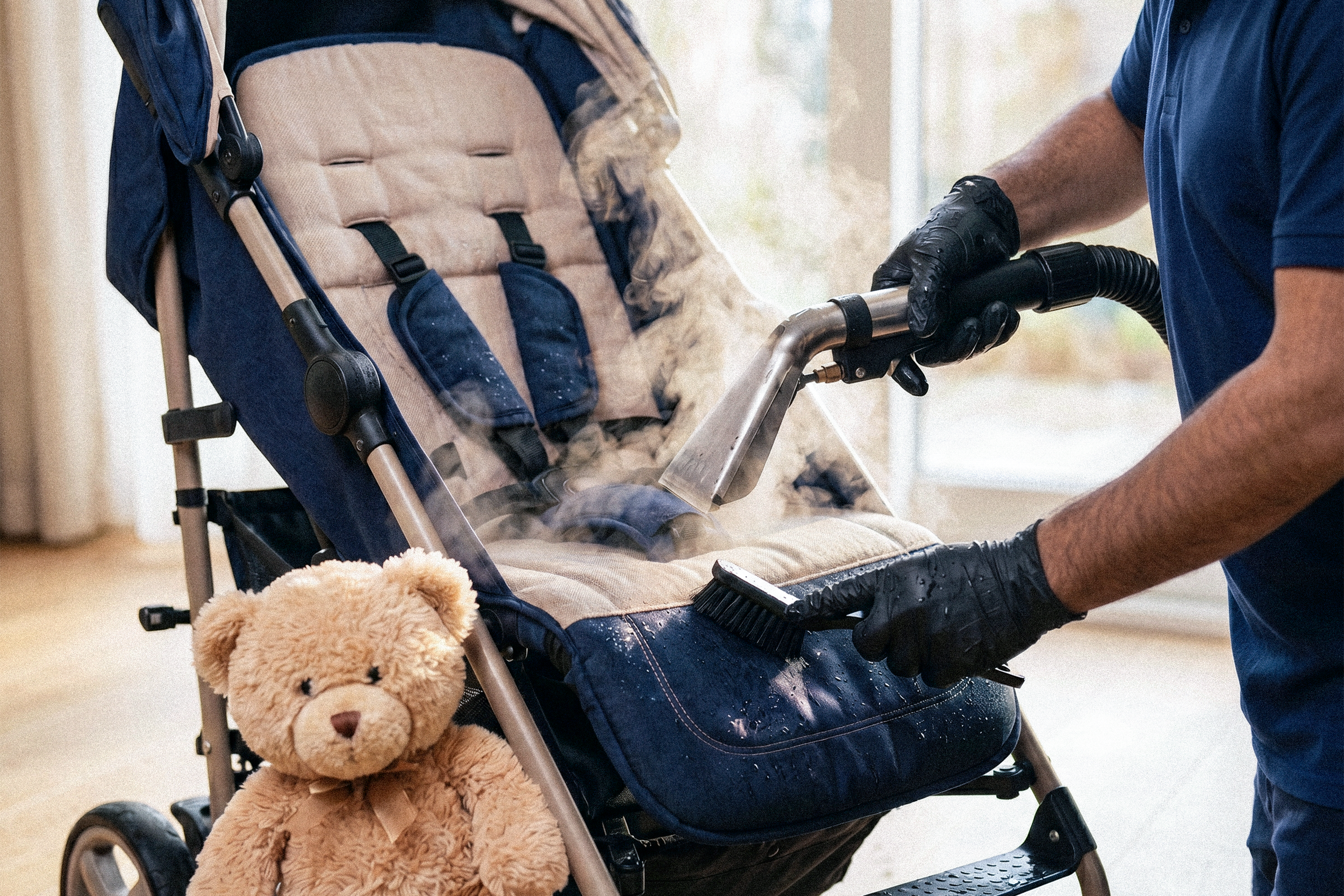 Person wearing gloves using a steam cleaner on a beige and navy stroller with a teddy bear toy attached to the front.