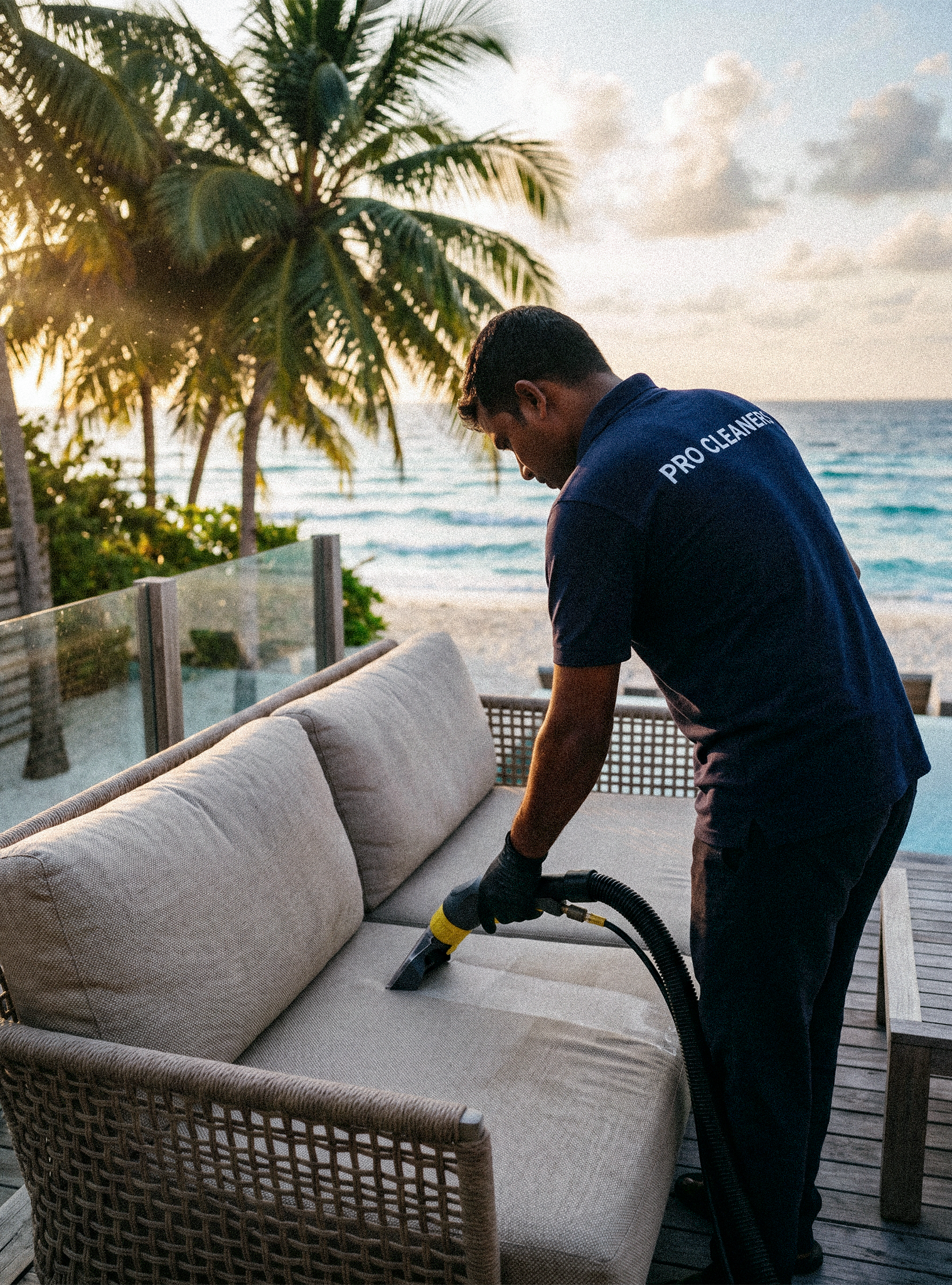A man wearing a navy blue shirt with 'PRO CLEANER' written on the back is cleaning an outdoor wicker sofa with a vacuum cleaner. The scene is set on a wooden deck with palm trees and the ocean in the background, during sunset.