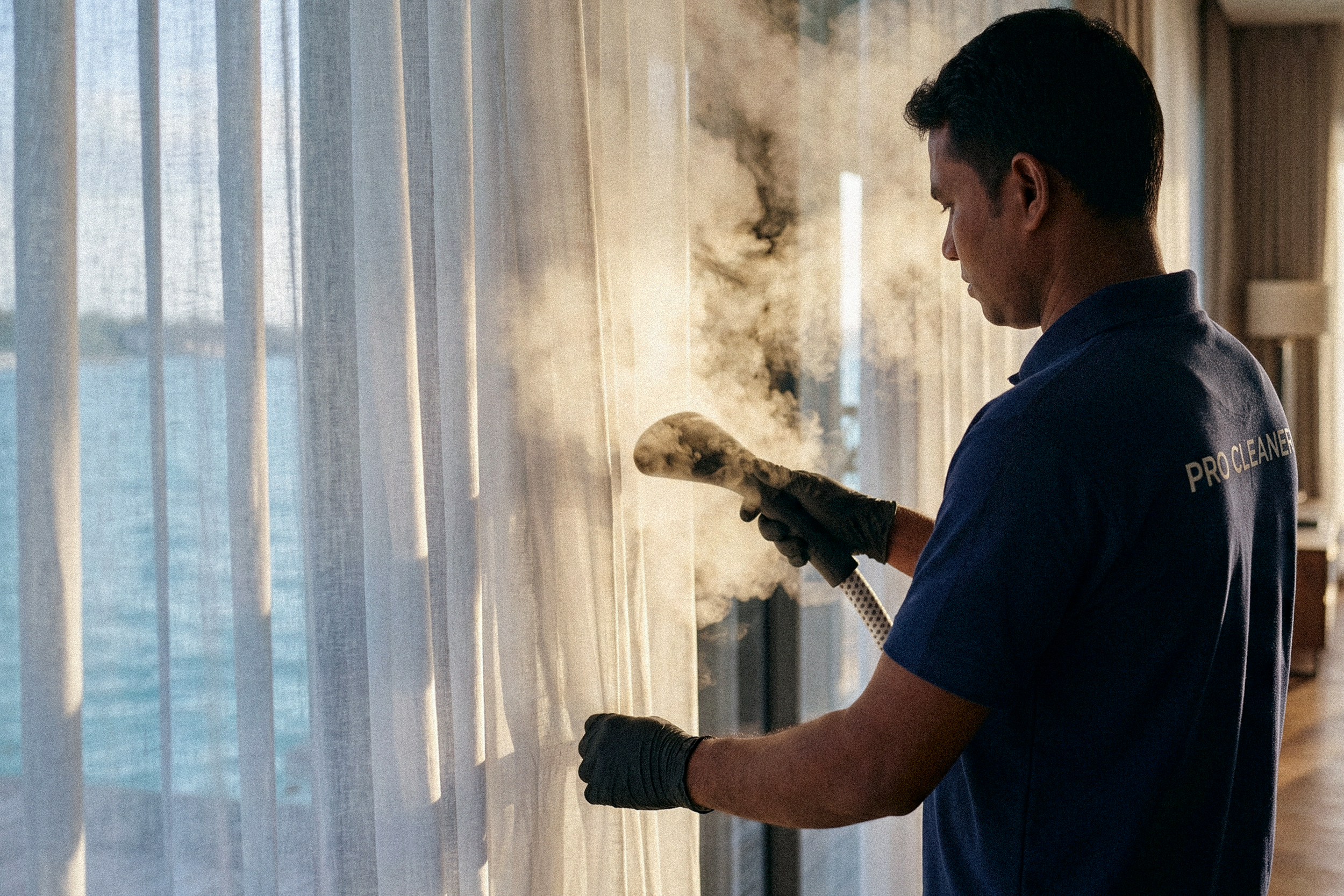 A man wearing a blue uniform with 'Pro Cleaner' on the back is cleaning window blinds with a tool, smoothing the fabric while standing in a room with natural light.