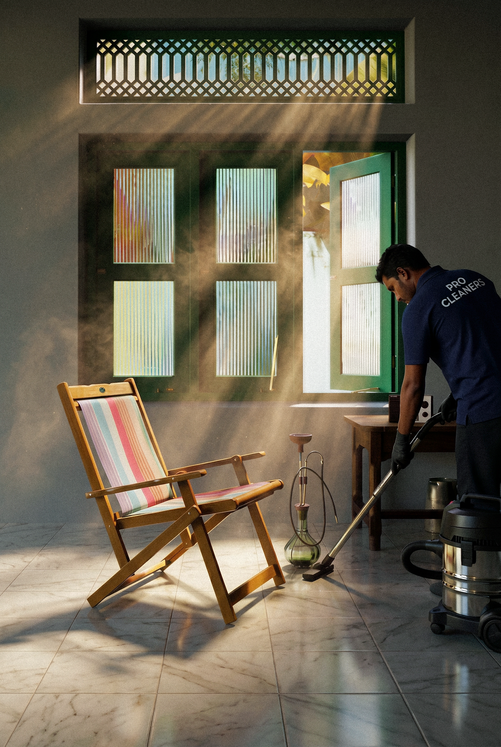 A man in a blue shirt with 'Pro Cleaners' written on the back is vacuuming a room with sunlight streaming through a green window, which has multiple rectangular glass panes and decorative latticework at the top. The room has beige marble floors and contains a wooden deck chair with a striped cushion, a small table with a hookah, and some cleaning equipment.